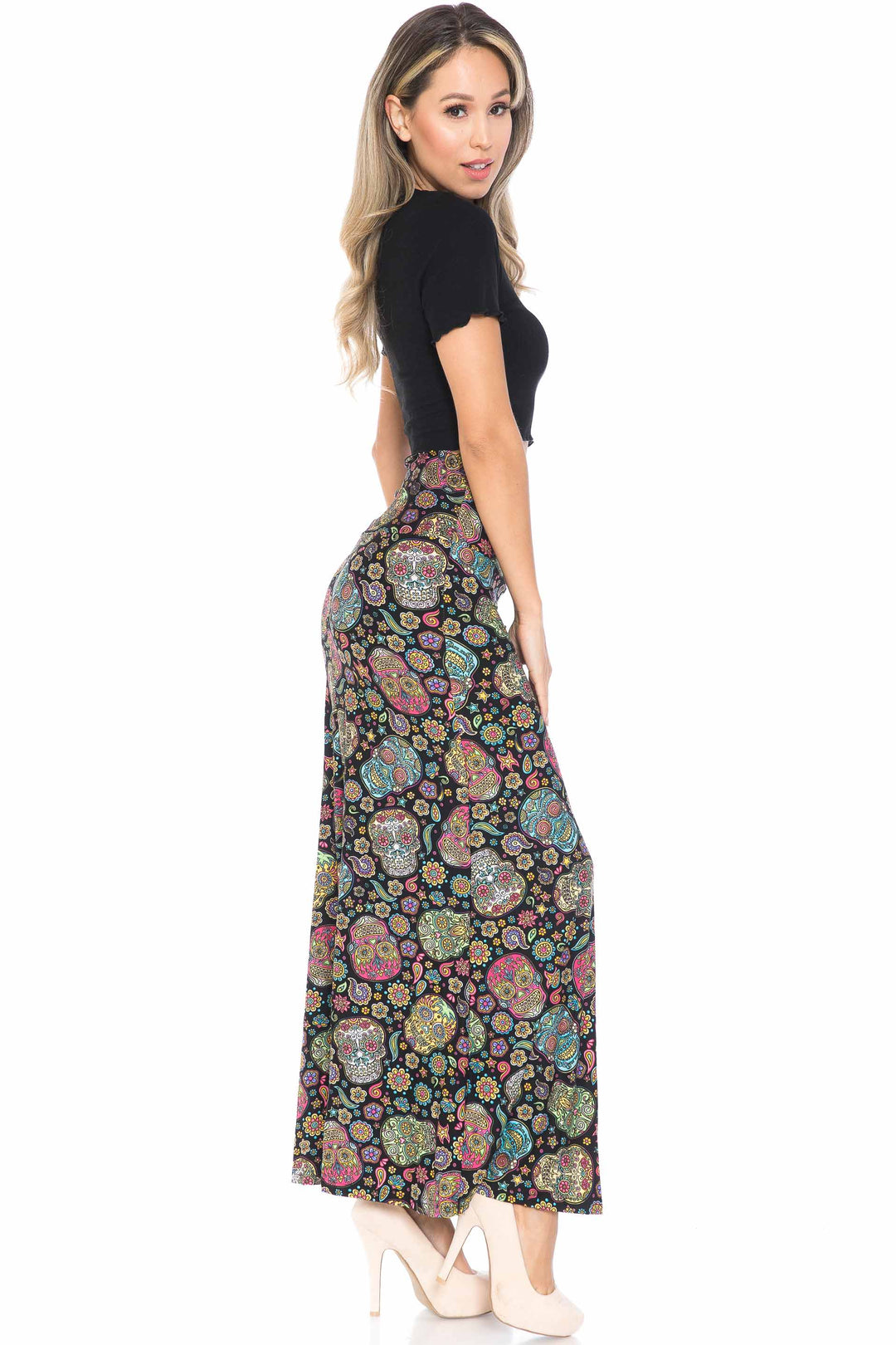 Buttery Soft Mandala Sugar Skull Maxi Skirt (One Size Regular,Multi Color Bold)