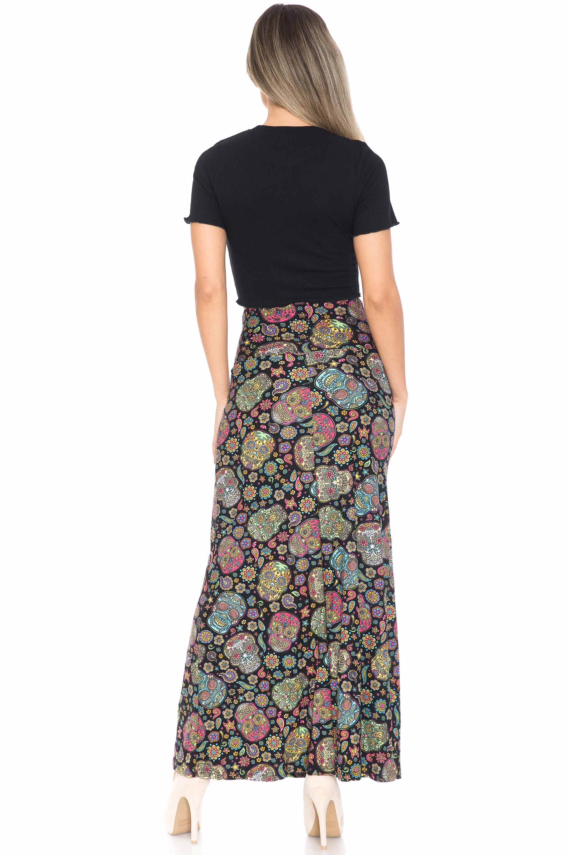 Buttery Soft Mandala Sugar Skull Maxi Skirt (One Size Regular,Multi Color Bold)
