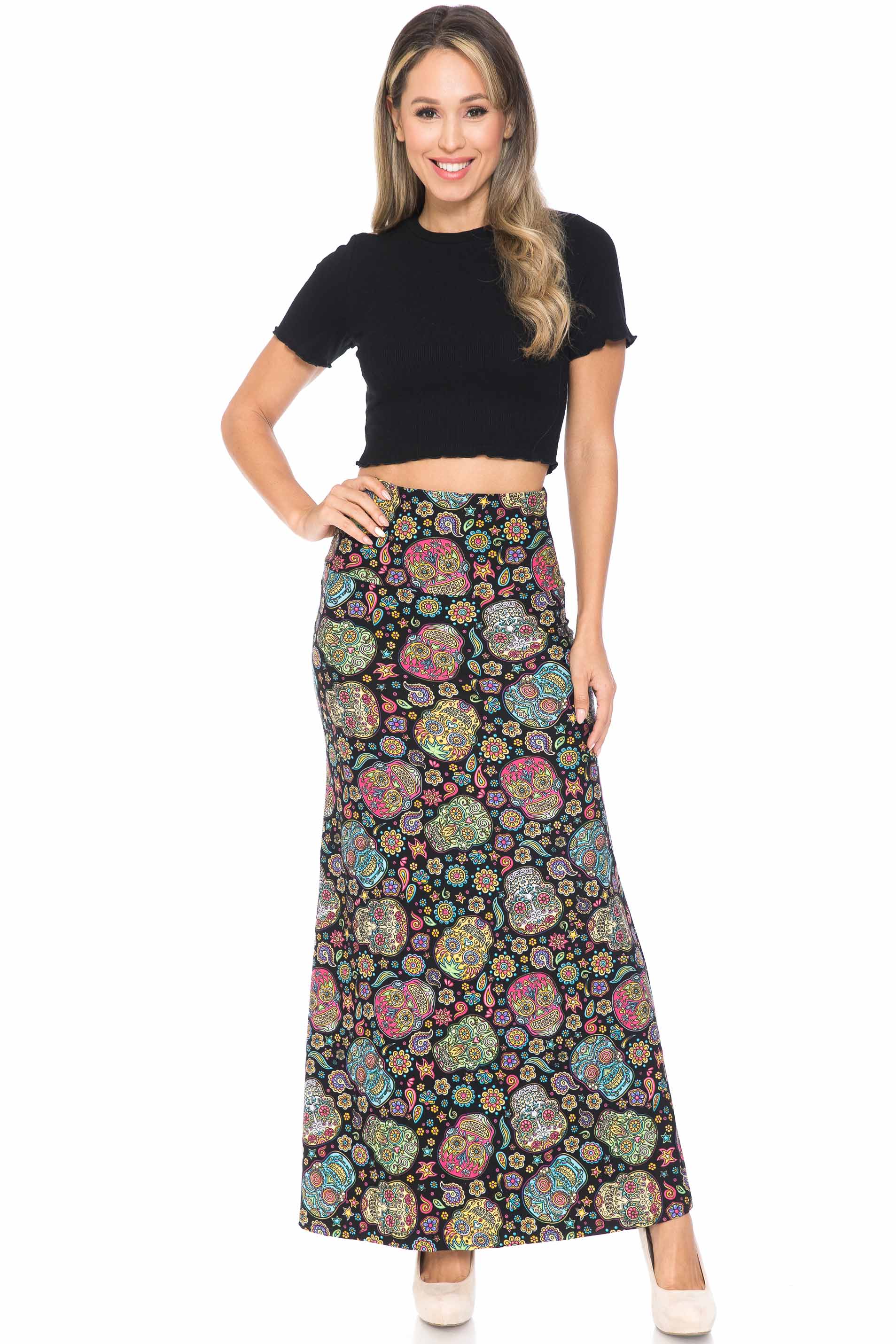 Buttery Soft Mandala Sugar Skull Maxi Skirt (One Size Regular,Multi Color Bold)
