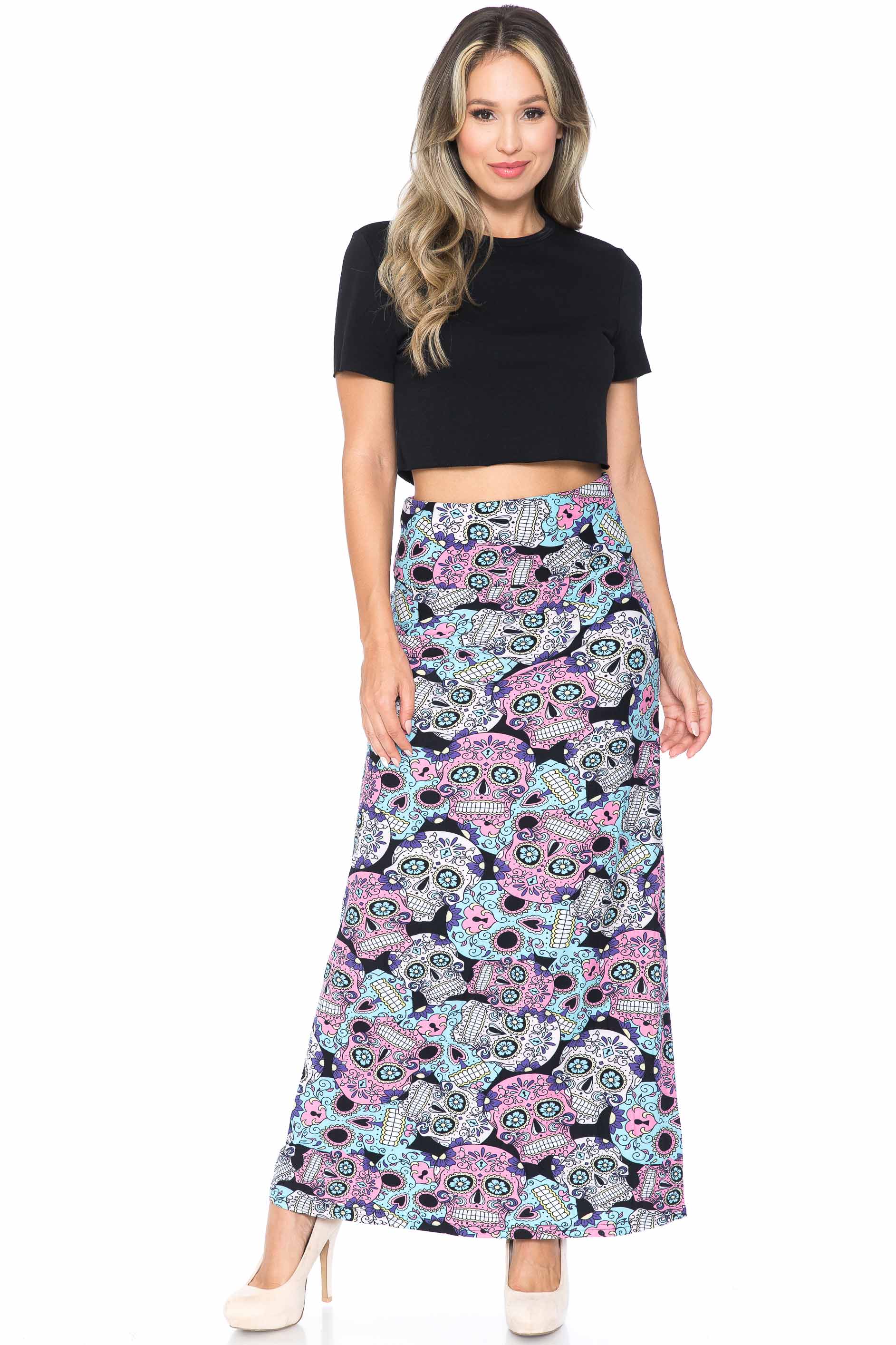 Buttery Soft Pastel Sugar Skull Maxi Skirt (One Size Regular,Multi Color Pastel)