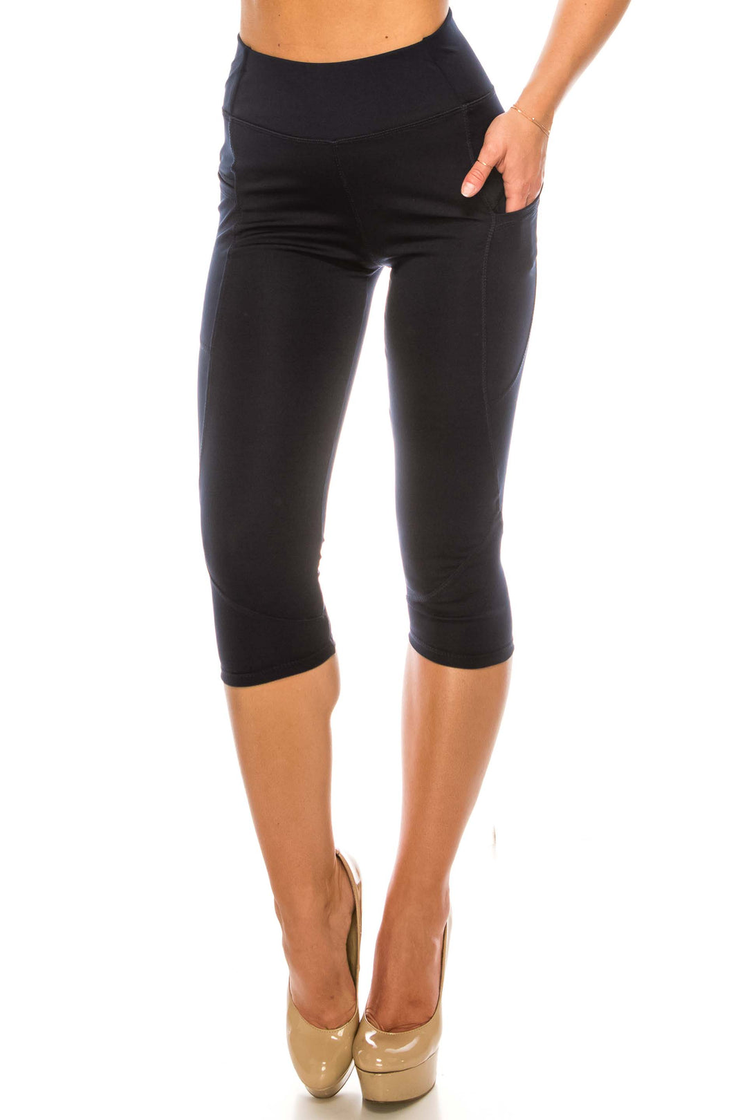 Navy Contour Seam High Waisted Sport Capris with Pockets