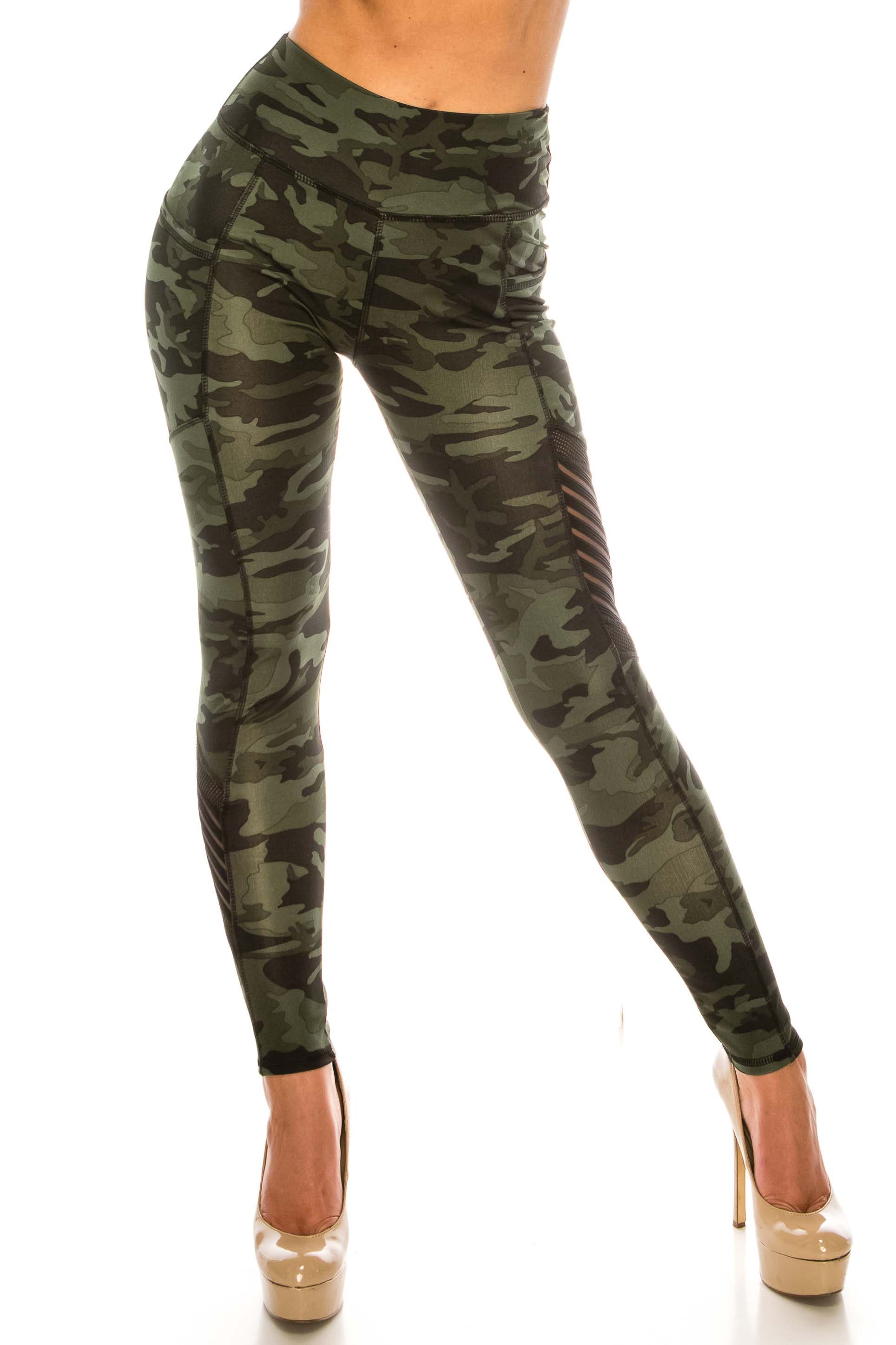 Dark Olive Camouflage Serrated Mesh High Waisted Sport Leggings