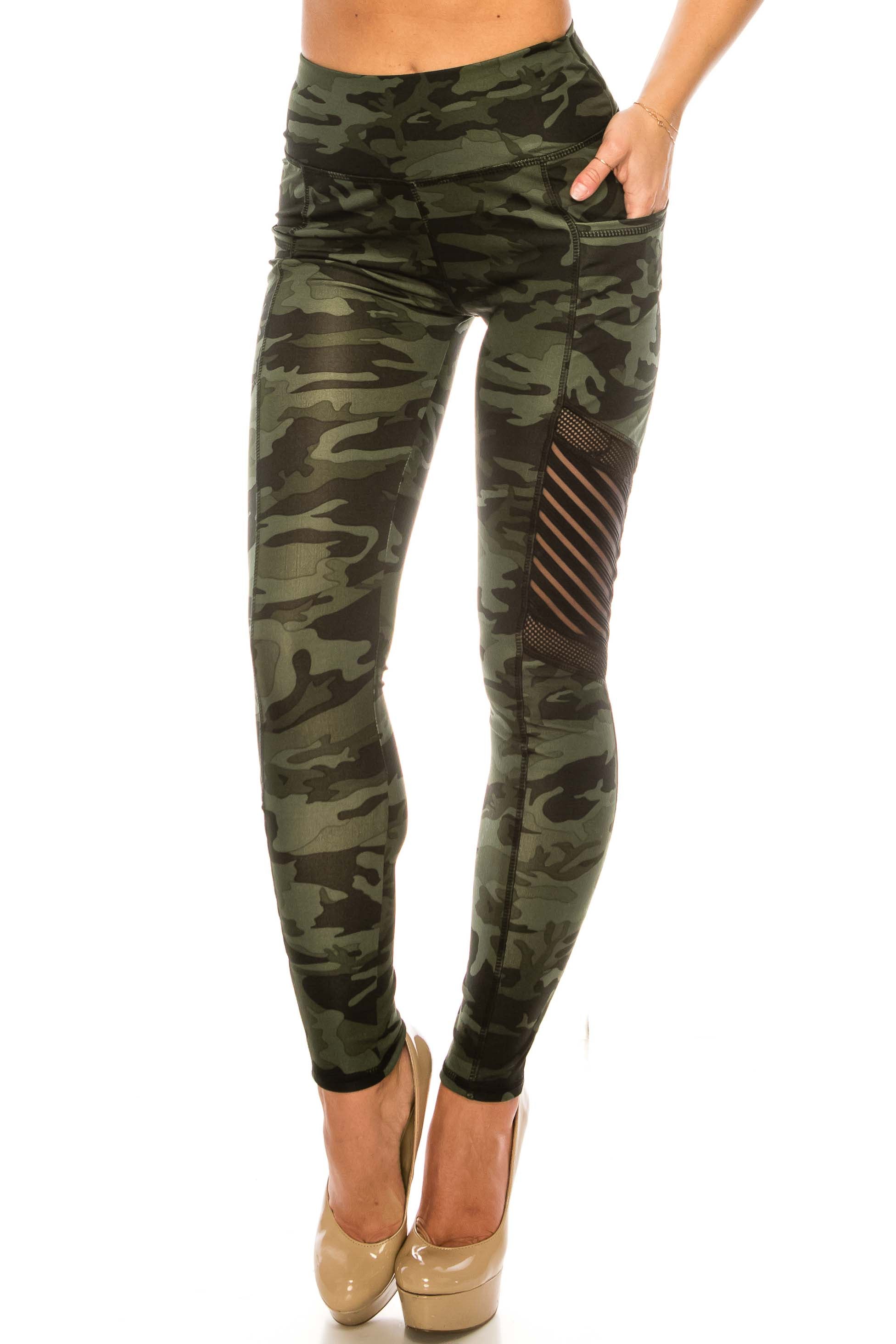 Dark Olive Camouflage Serrated Mesh High Waisted Sport Leggings