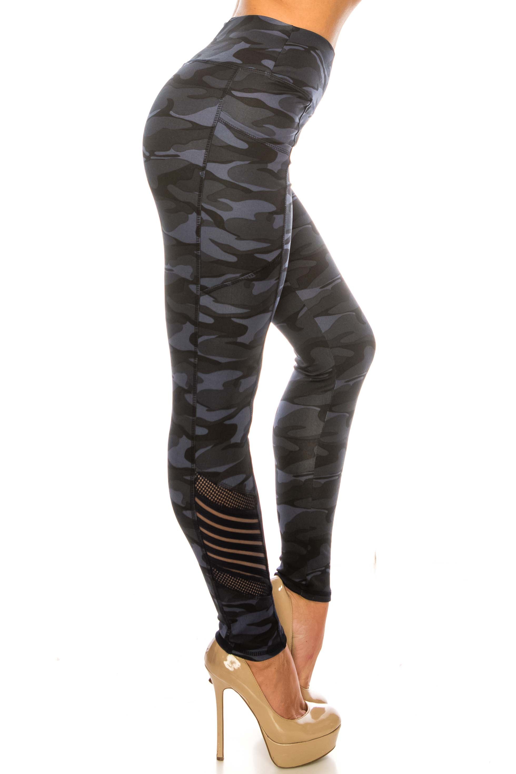 Navy Camouflage Serrated Mesh High Waisted Sport Leggings