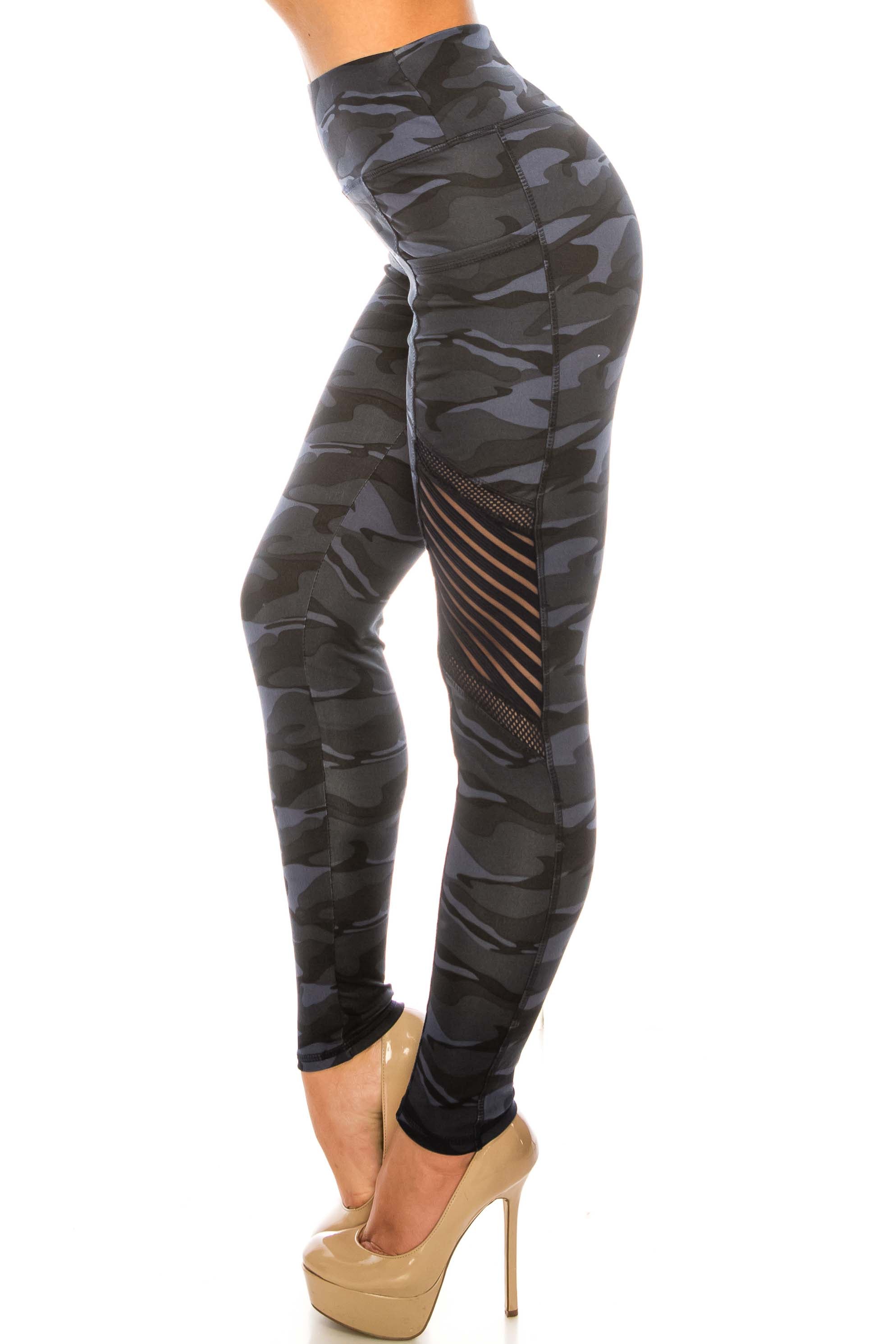Navy Camouflage Serrated Mesh High Waisted Sport Leggings