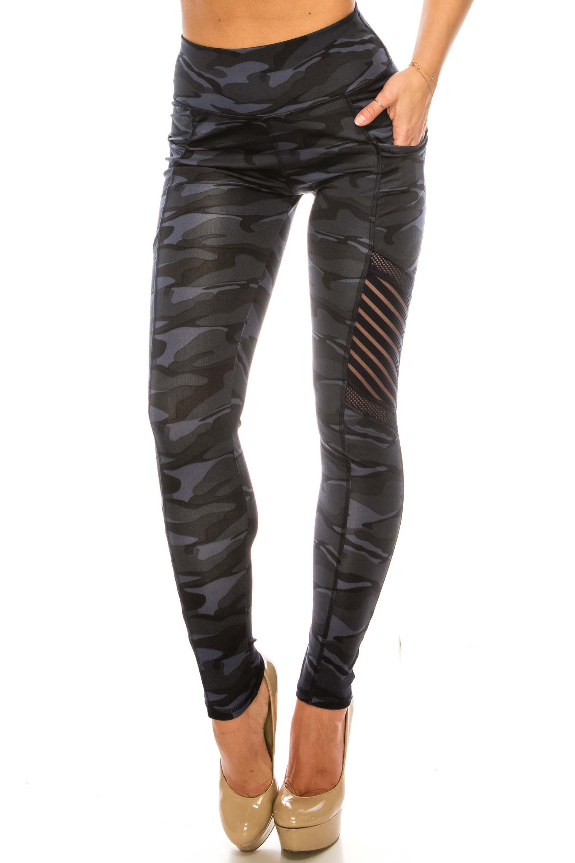 Navy Camouflage Serrated Mesh High Waisted Sport Leggings