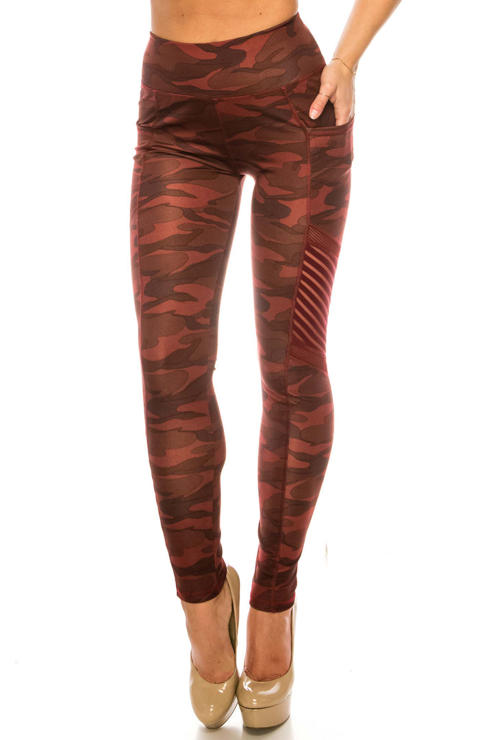 Burgundy Camouflage Serrated Mesh High Waisted Sport Leggings