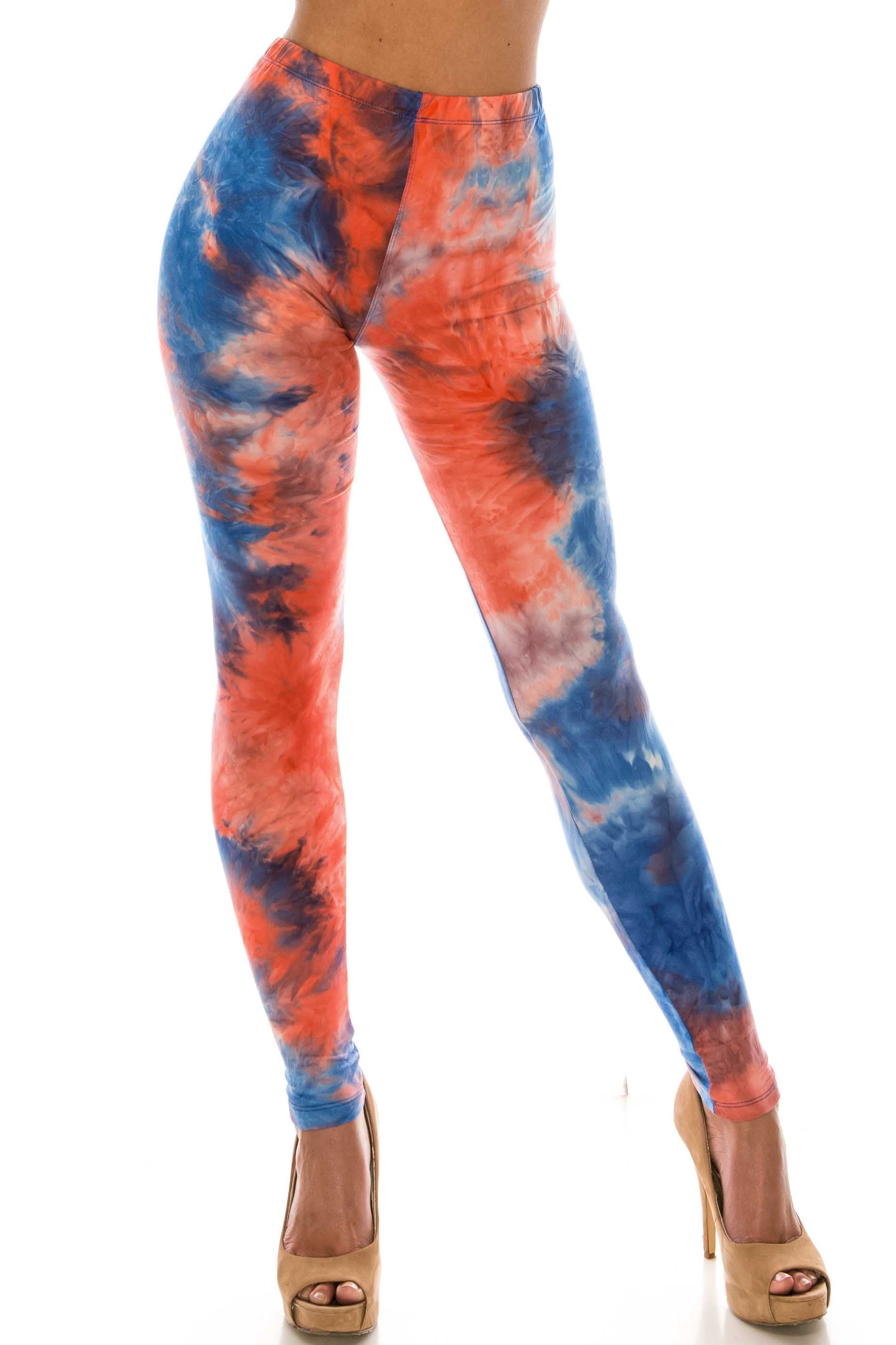 Buttery Soft Red and Blue Tie Dye Leggings (One Size Regular,Blue)