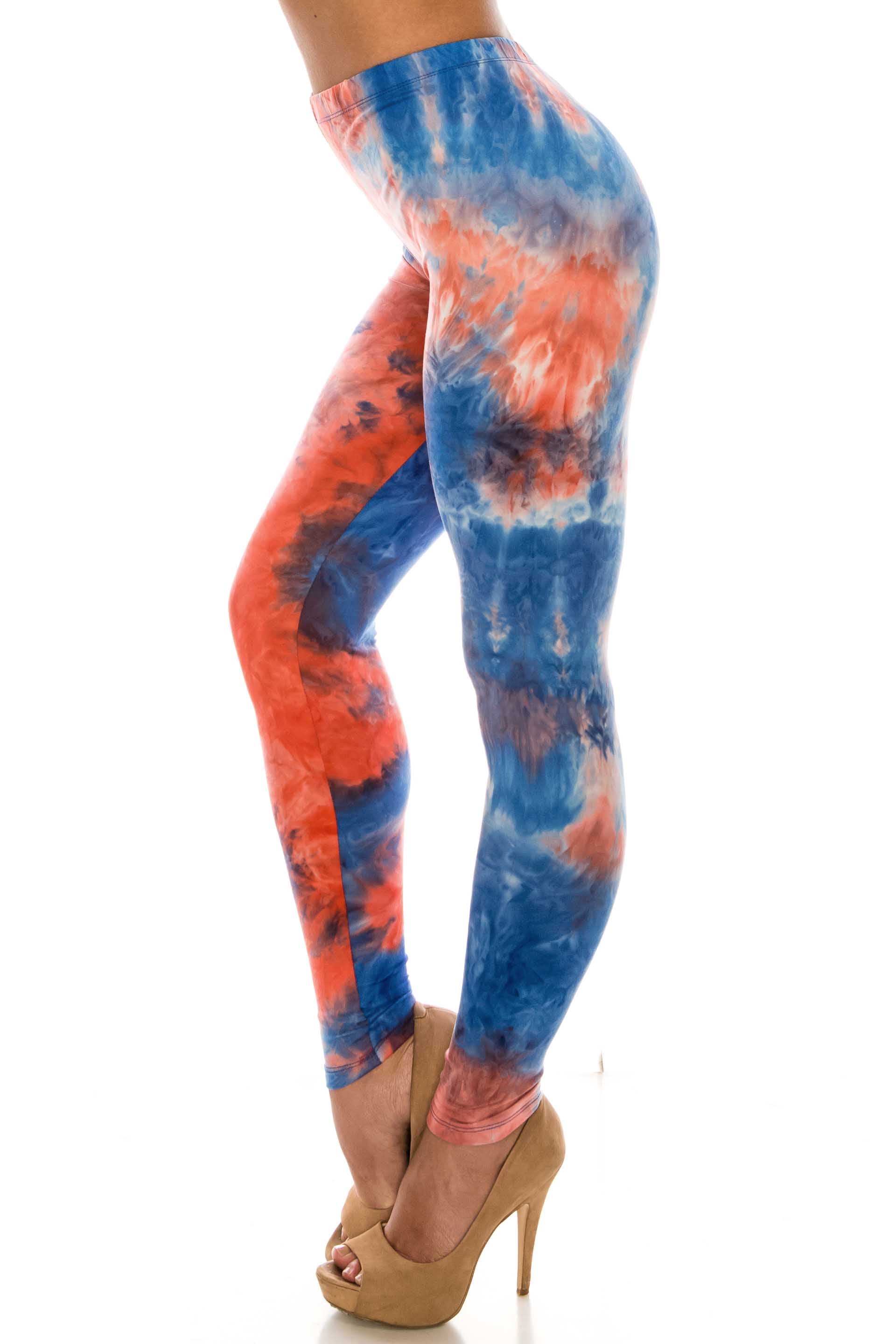 Buttery Soft Red and Blue Tie Dye Leggings (One Size Regular,Blue)