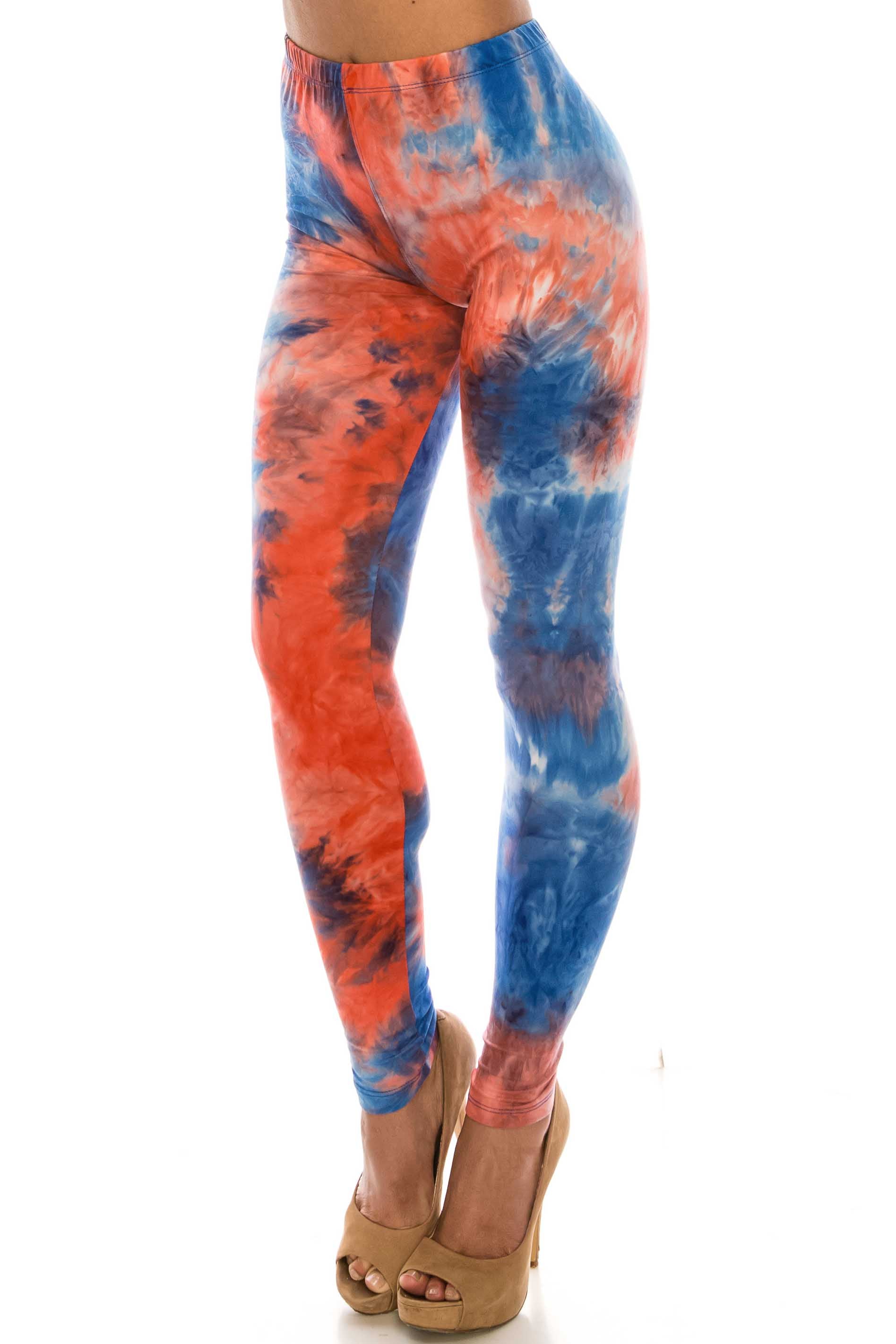 Buttery Soft Red and Blue Tie Dye Leggings (One Size Regular,Blue)