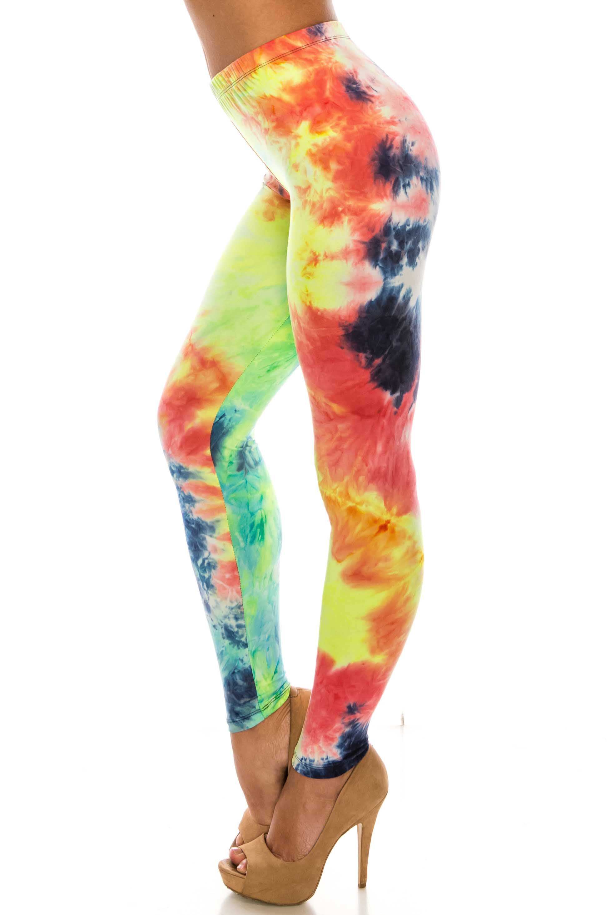 Buttery Soft Summer Yellow Tie Dye Leggings (One Size Regular,Yellow)