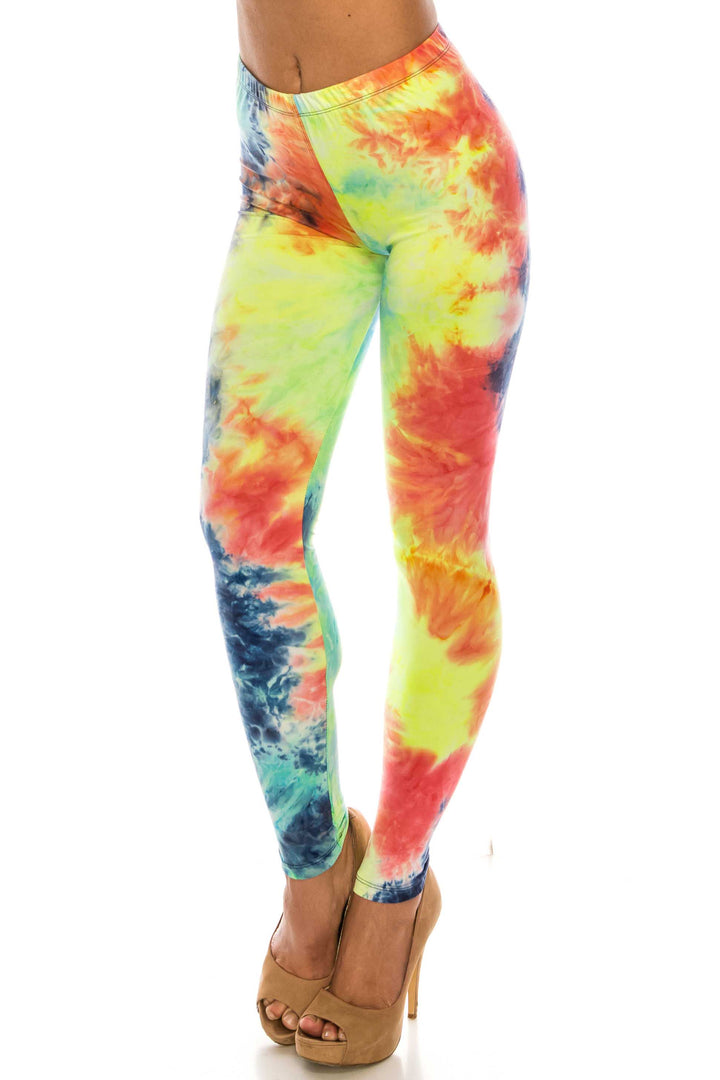 Buttery Soft Summer Yellow Tie Dye Leggings (One Size Regular,Yellow)