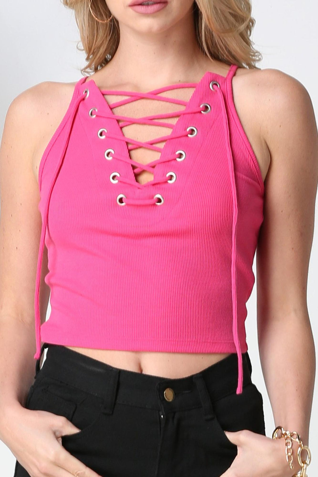 Lace Up Drawstring Ribbed Tank Top