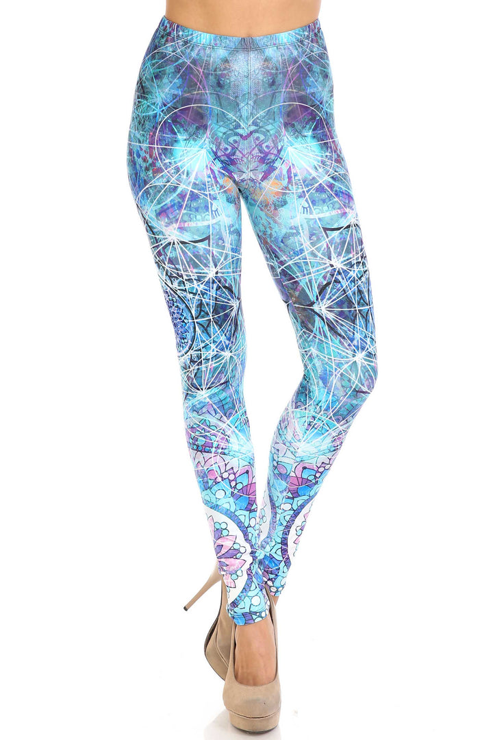 Creamy Soft Premium Women's Leggings Cyan Mandala Regular Size, High Rise, Stretchy & Comfortable Fit - by USA Fashion