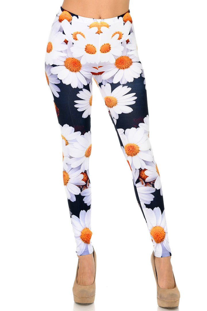 Creamy Soft Premium Women's Leggings Daisy Bunch Regular Size, High Rise, Stretchy & Comfortable Fit - by USA Fashion
