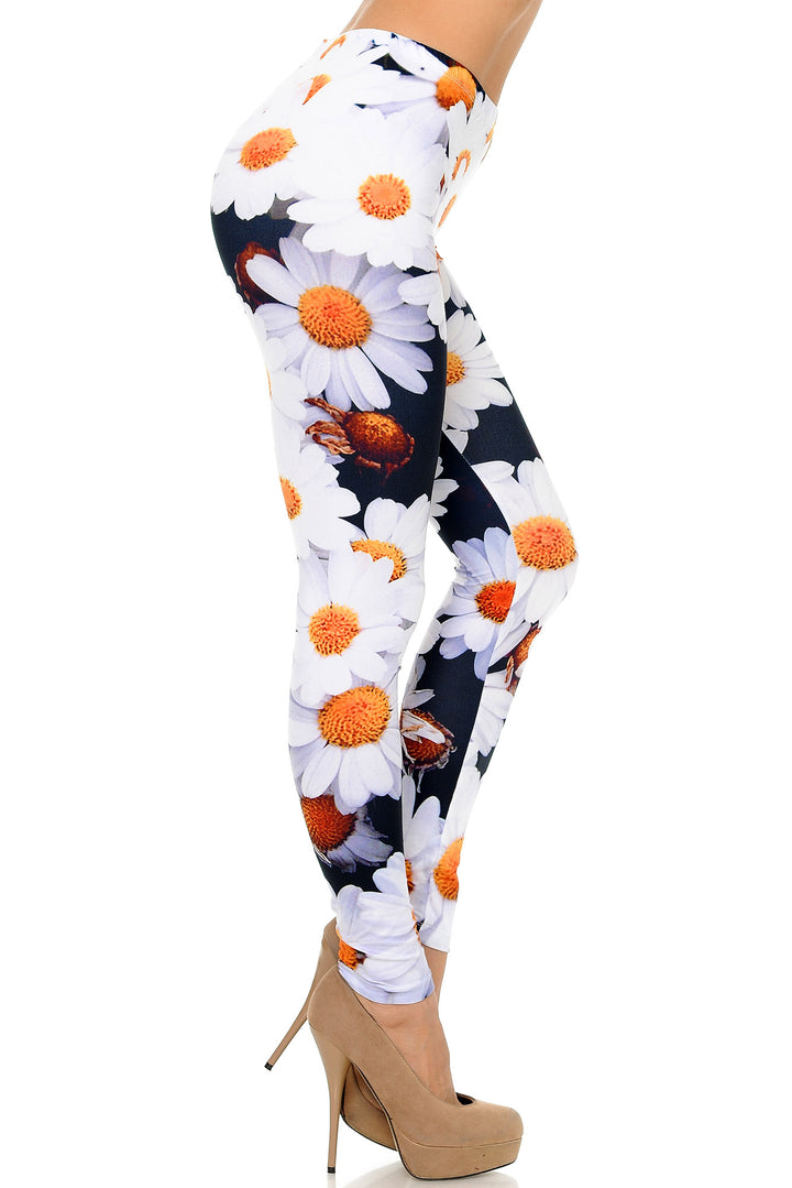 Creamy Soft Premium Women's Leggings Daisy Bunch Regular Size, High Rise, Stretchy & Comfortable Fit - by USA Fashion