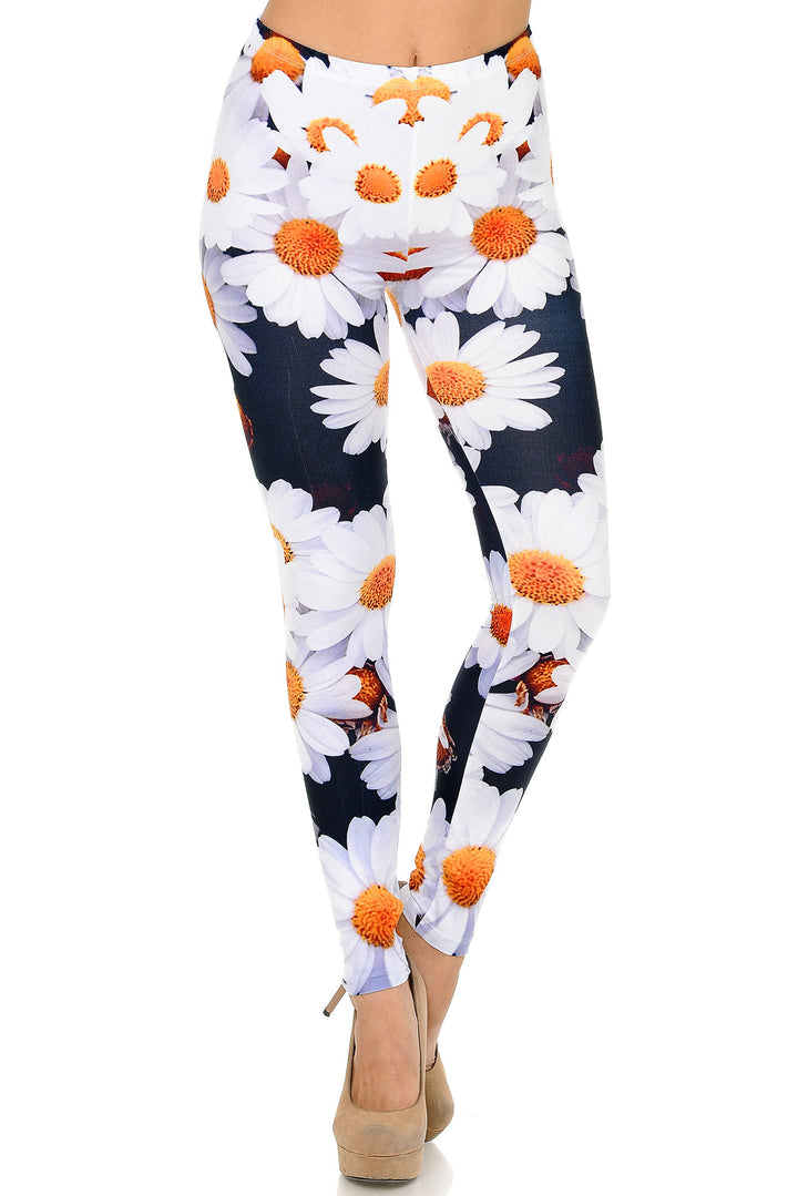 Creamy Soft Premium Women's Leggings Daisy Bunch Regular Size, High Rise, Stretchy & Comfortable Fit - by USA Fashion