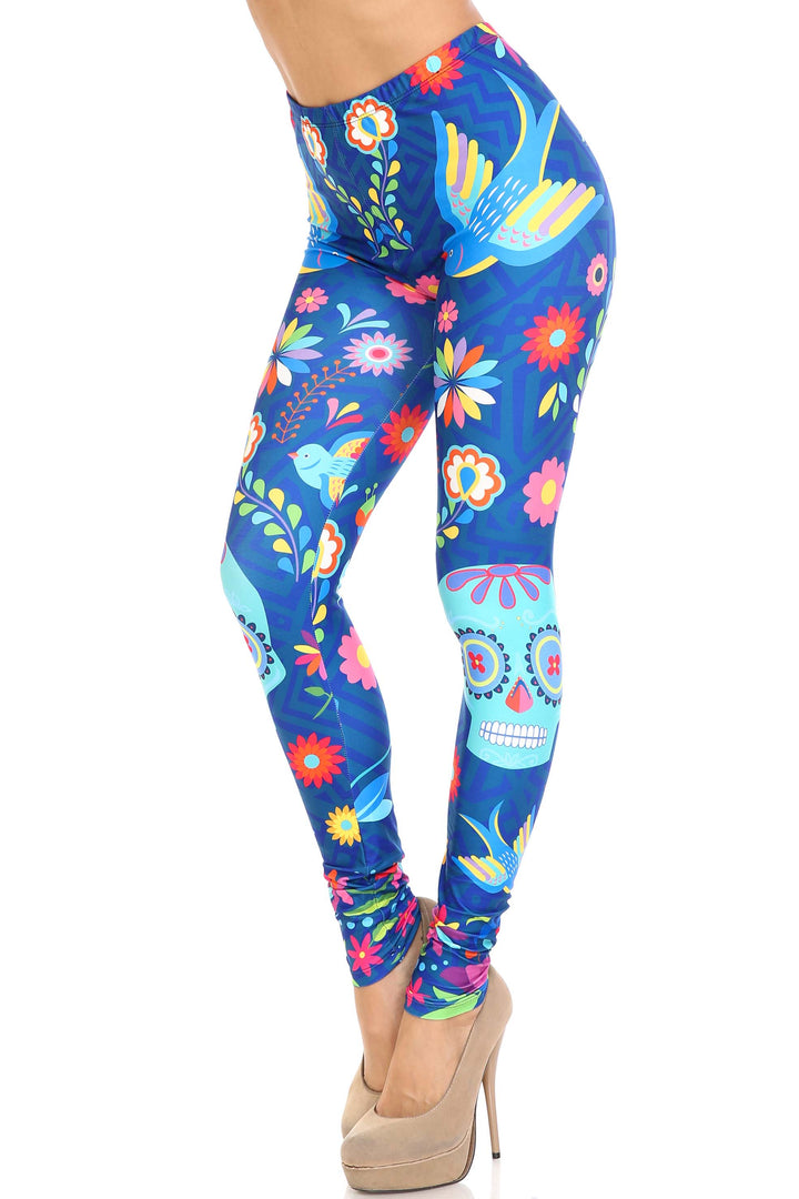 Creamy Soft Premium Women's Leggings Garden of Eden Sugar Skull Regular Size, High Rise, Stretchy & Comfortable Fit - by USA Fashion