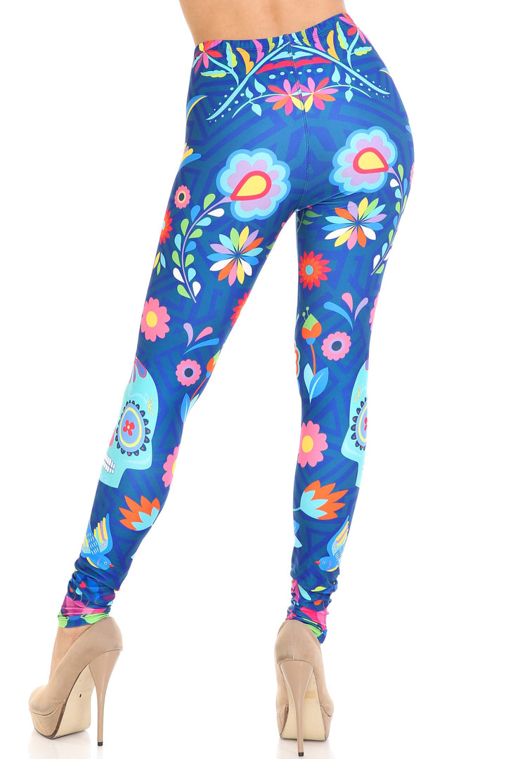 Creamy Soft Premium Women's Leggings Garden of Eden Sugar Skull Regular Size, High Rise, Stretchy & Comfortable Fit - by USA Fashion