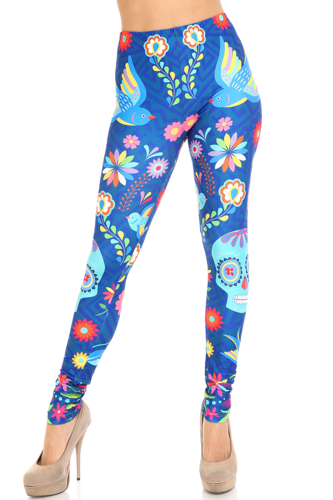 Creamy Soft Premium Women's Leggings Garden of Eden Sugar Skull Regular Size, High Rise, Stretchy & Comfortable Fit - by USA Fashion