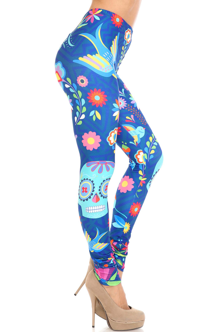 Creamy Soft Premium Women's Leggings Garden of Eden Sugar Skull Regular Size, High Rise, Stretchy & Comfortable Fit - by USA Fashion