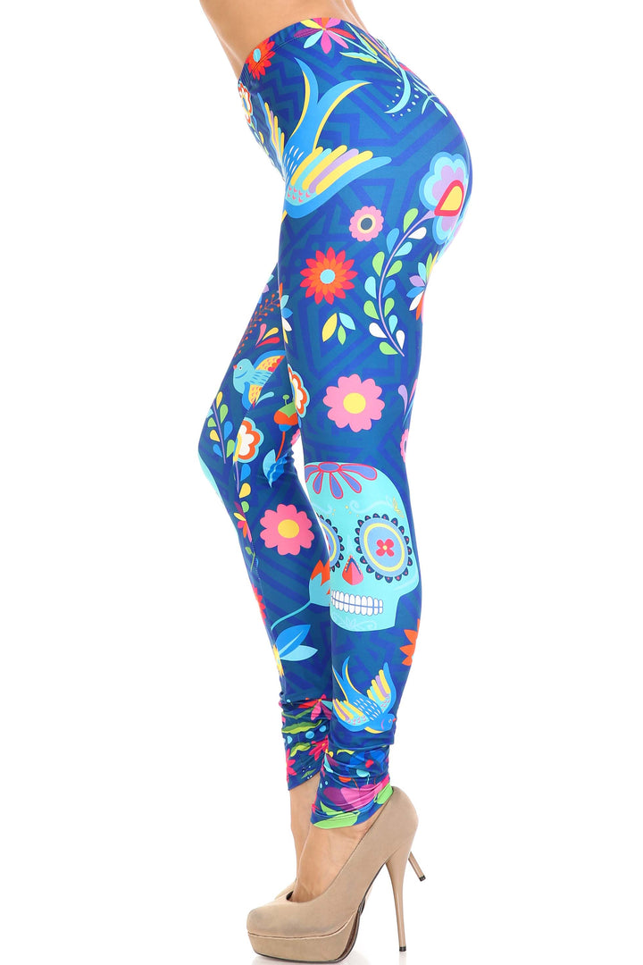 Creamy Soft Premium Women's Leggings Garden of Eden Sugar Skull Regular Size, High Rise, Stretchy & Comfortable Fit - by USA Fashion
