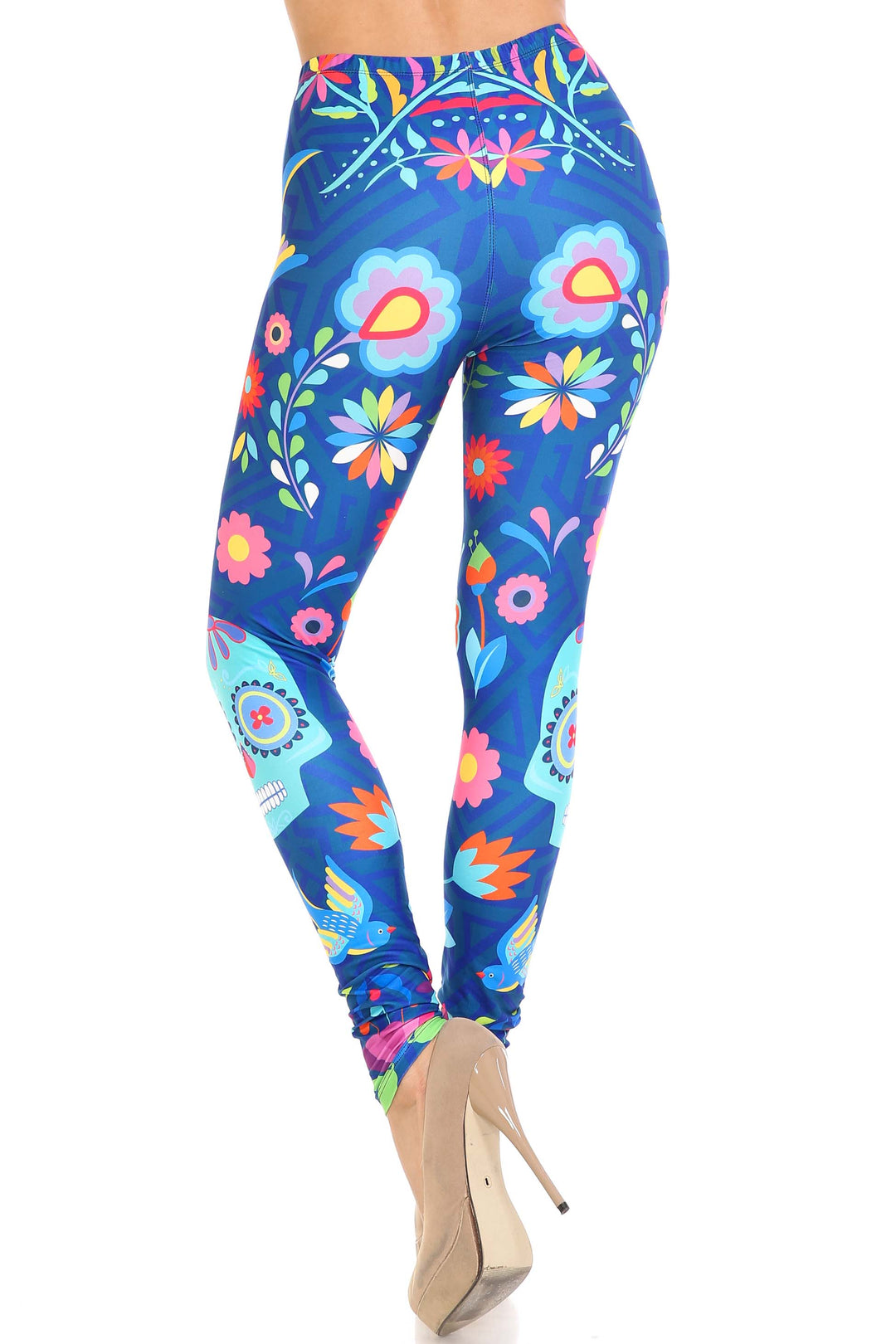 Creamy Soft Premium Women's Leggings Garden of Eden Sugar Skull Regular Size, High Rise, Stretchy & Comfortable Fit - by USA Fashion