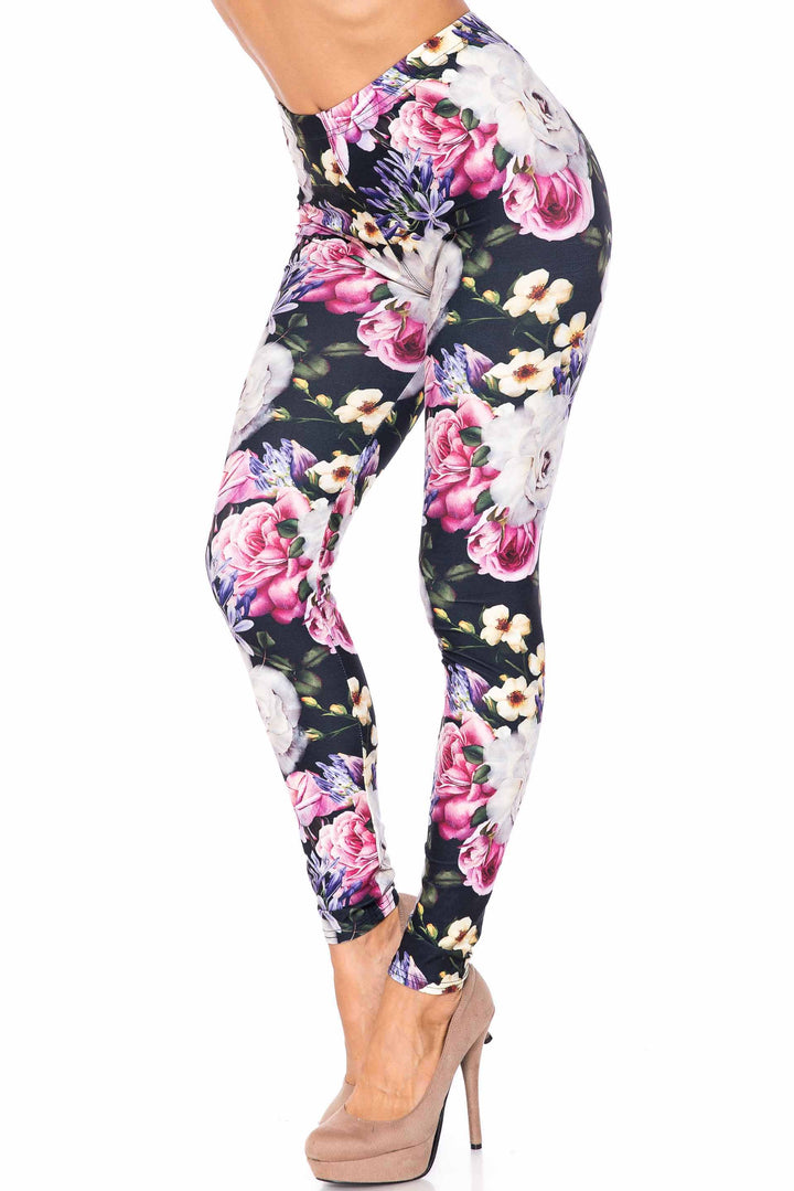 Creamy Soft Premium Women's Leggings Floral Garden Bouquet Regular Size, High Rise, Stretchy & Comfortable Fit - by USA Fashion