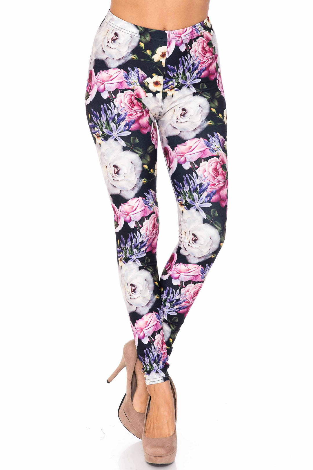 Creamy Soft Premium Women's Leggings Floral Garden Bouquet Regular Size, High Rise, Stretchy & Comfortable Fit - by USA Fashion