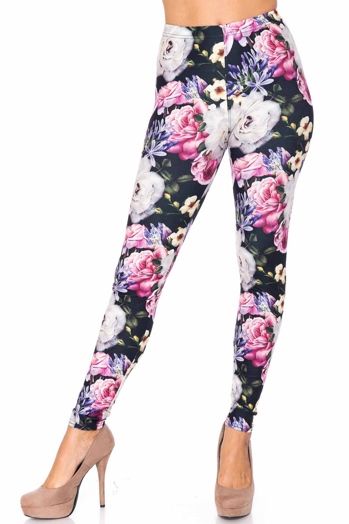 Creamy Soft Premium Women's Leggings Floral Garden Bouquet Regular Size, High Rise, Stretchy & Comfortable Fit - by USA Fashion