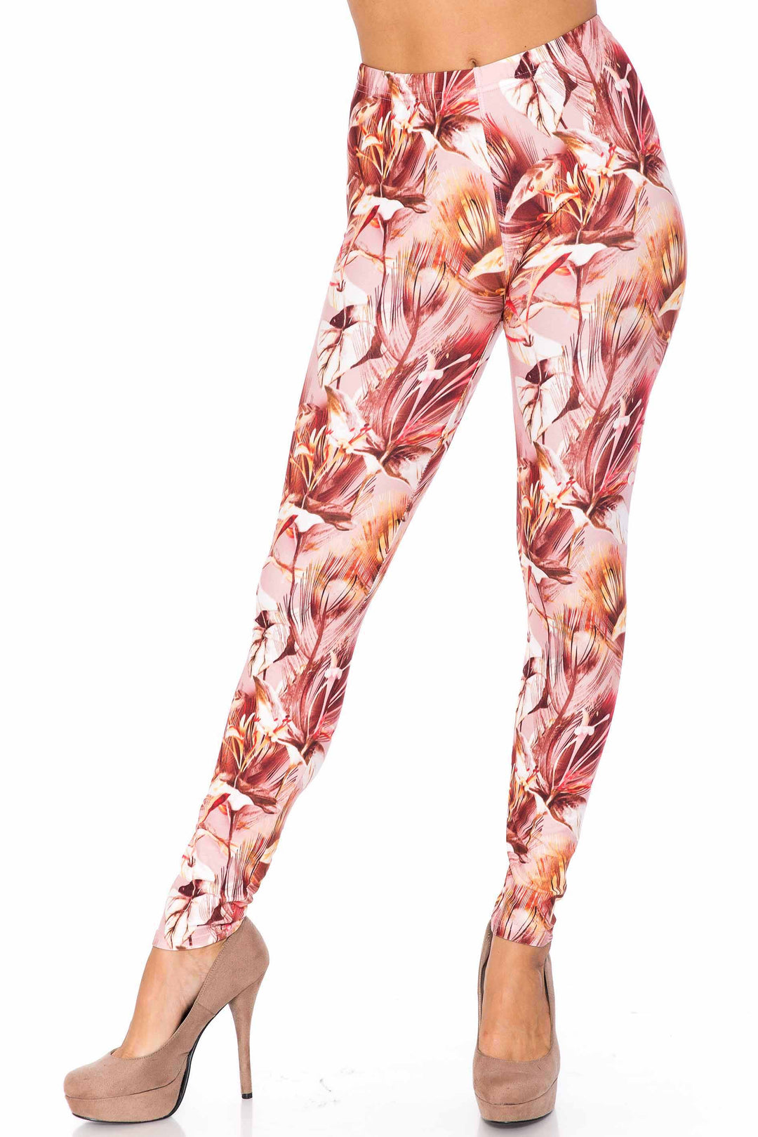 Creamy Soft Premium Women's Leggings Mocha Floral Regular Size, High Rise, Stretchy & Comfortable Fit - by USA Fashion