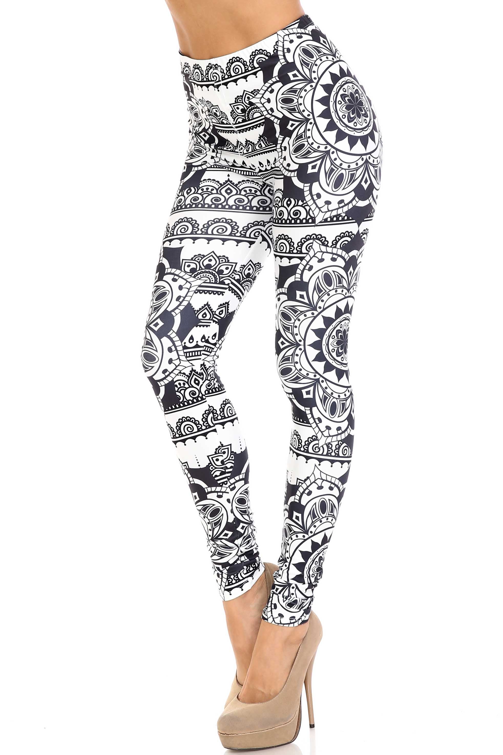 Creamy Soft Premium Women's Leggings Monochrome Mandala Regular Size, High Rise, Stretchy & Comfortable Fit - by USA Fashion