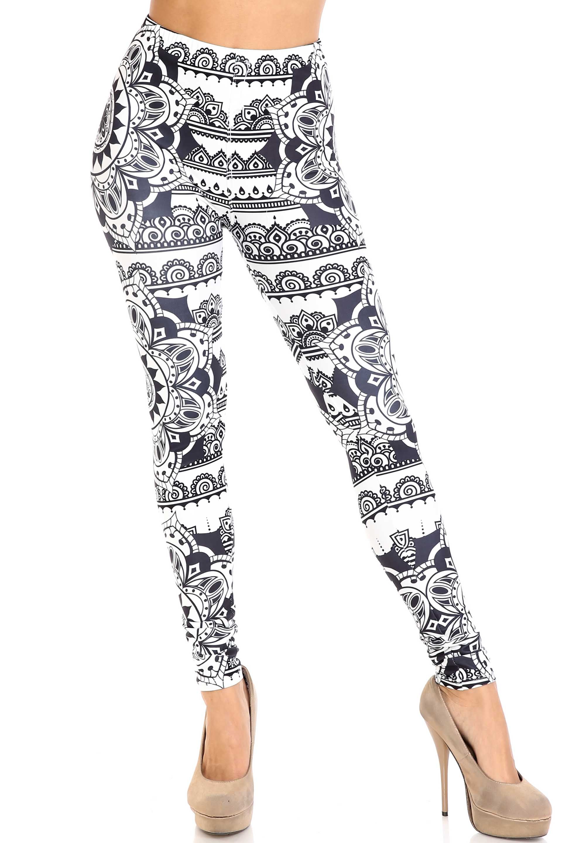 Creamy Soft Premium Women's Leggings Monochrome Mandala Regular Size, High Rise, Stretchy & Comfortable Fit - by USA Fashion