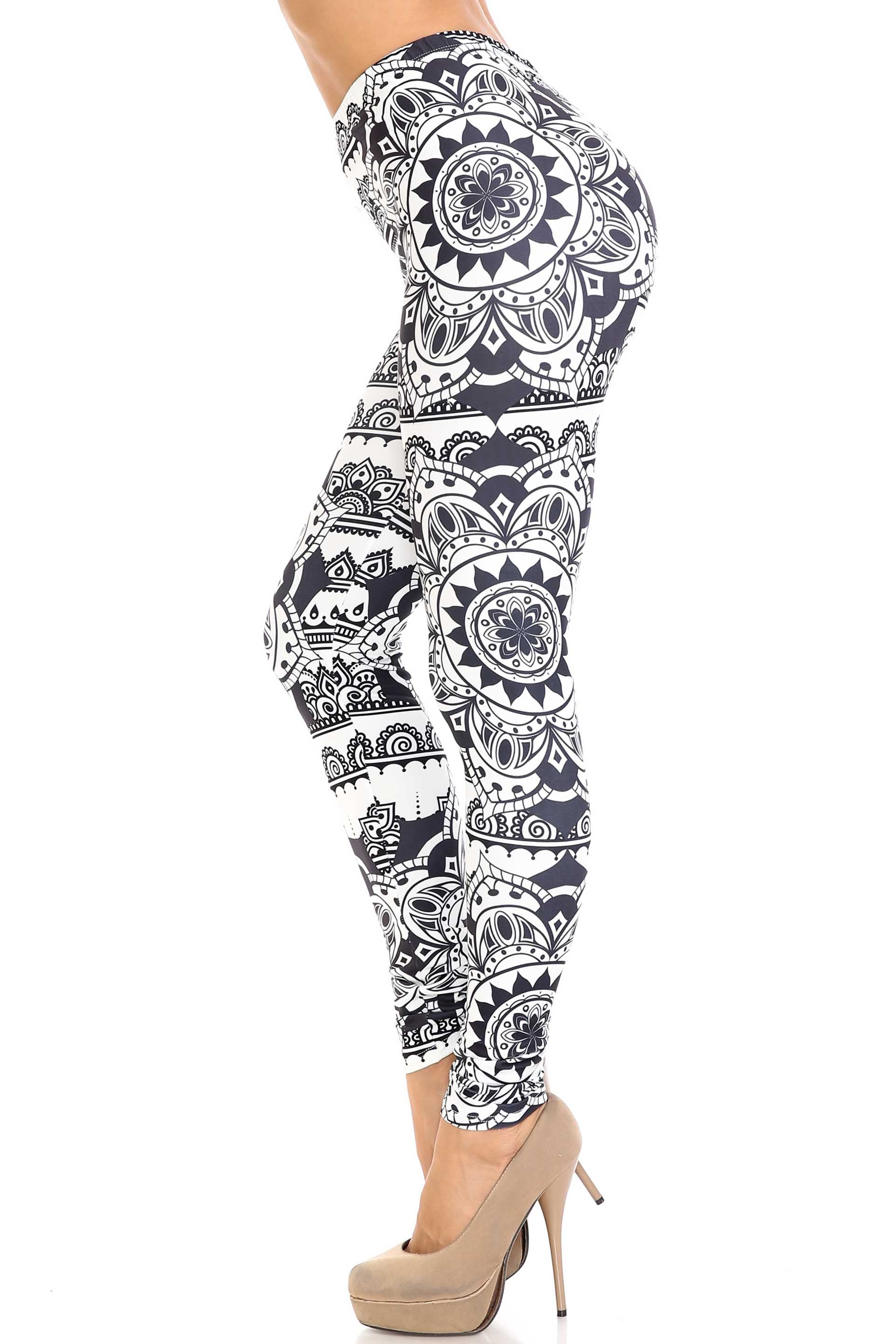 Creamy Soft Premium Women's Leggings Monochrome Mandala Regular Size, High Rise, Stretchy & Comfortable Fit - by USA Fashion