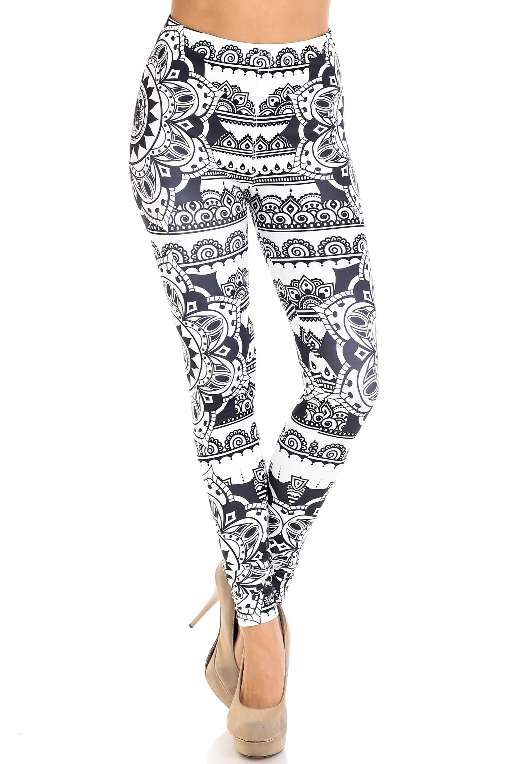 Creamy Soft Premium Women's Leggings Monochrome Mandala Regular Size, High Rise, Stretchy & Comfortable Fit - by USA Fashion