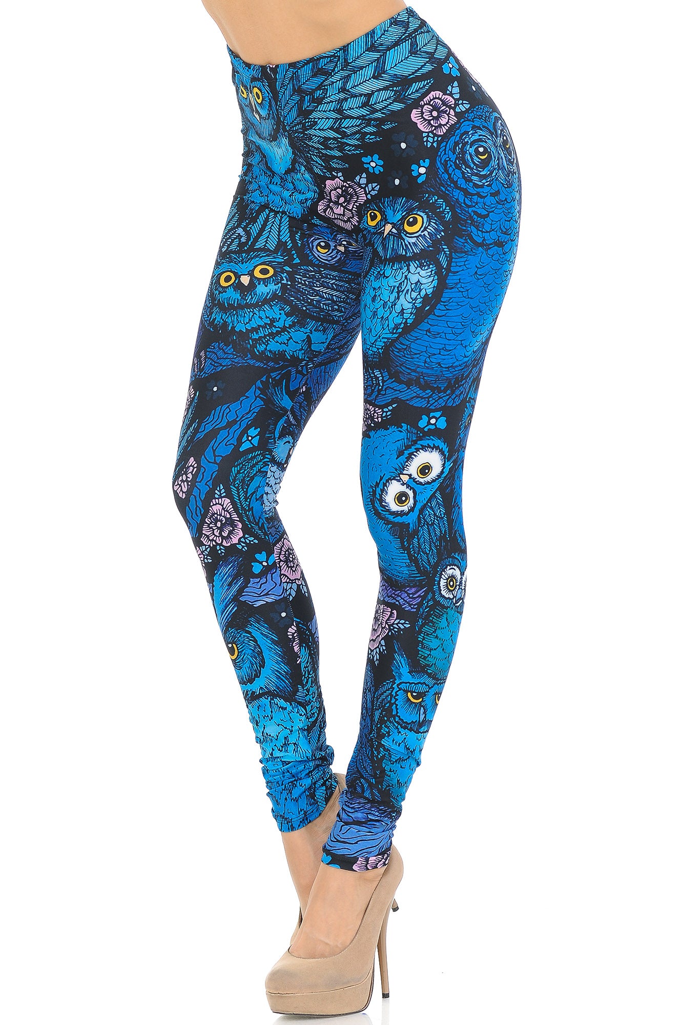 Creamy Soft Premium Women's Leggings Blue Owl Collage Regular Size, High Rise, Stretchy & Comfortable Fit - by USA Fashion