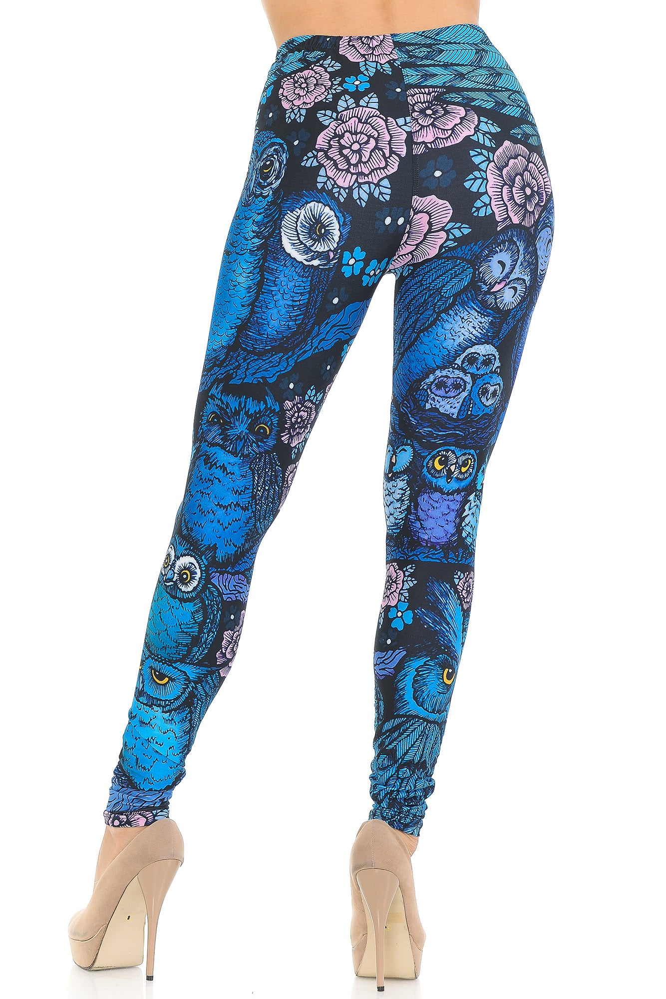 Creamy Soft Premium Women's Leggings Blue Owl Collage Regular Size, High Rise, Stretchy & Comfortable Fit - by USA Fashion