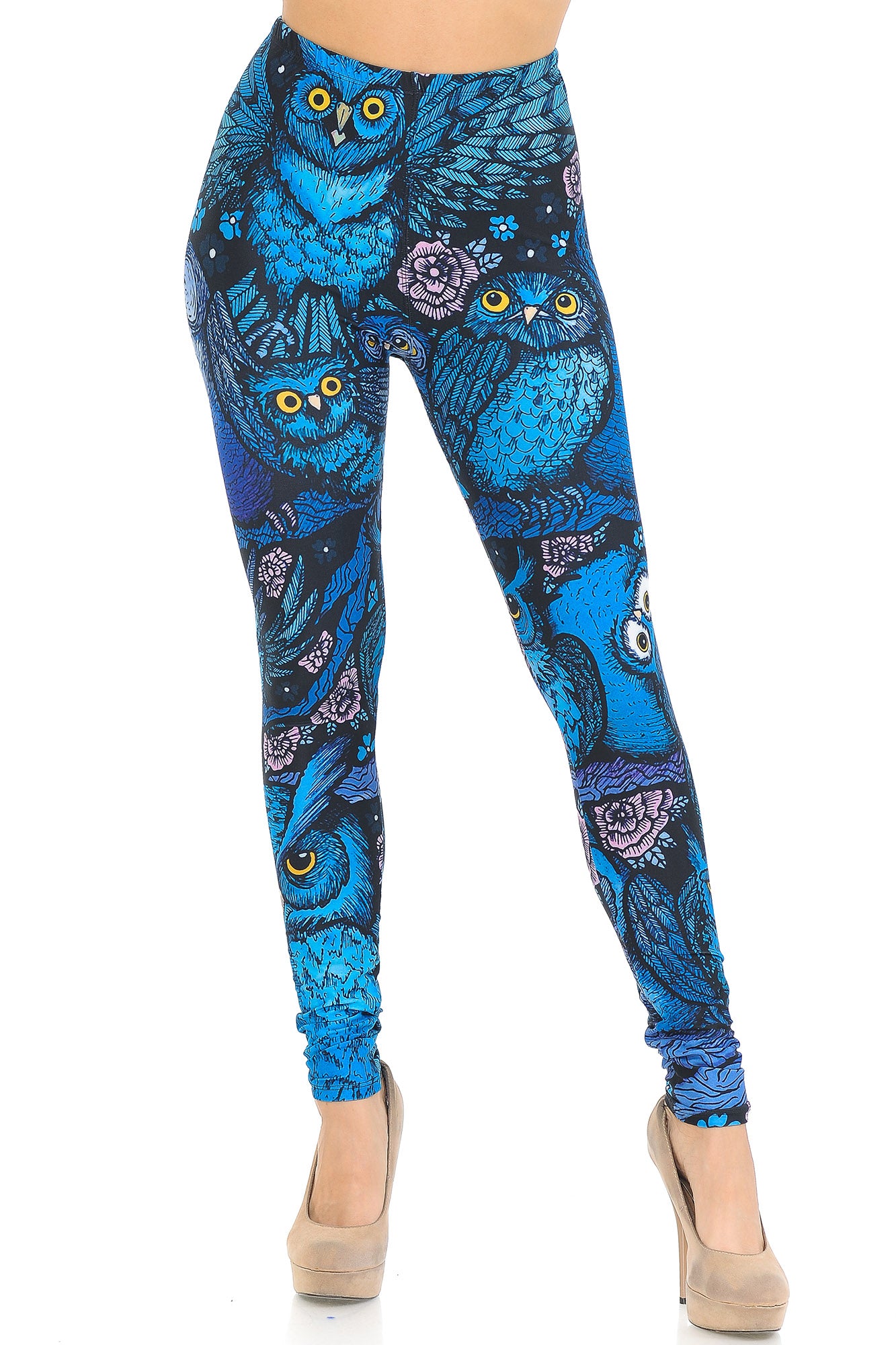 Creamy Soft Premium Women's Leggings Blue Owl Collage Regular Size, High Rise, Stretchy & Comfortable Fit - by USA Fashion