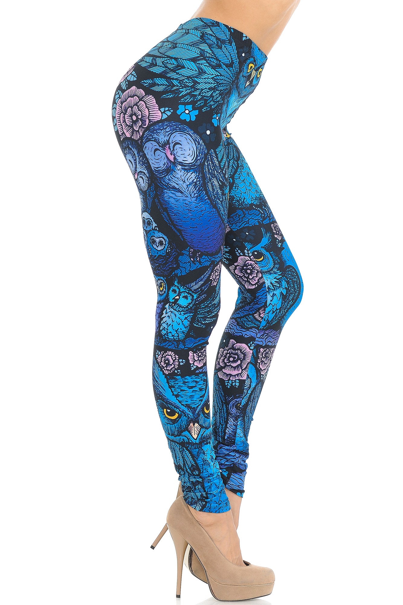 Creamy Soft Premium Women's Leggings Blue Owl Collage Regular Size, High Rise, Stretchy & Comfortable Fit - by USA Fashion