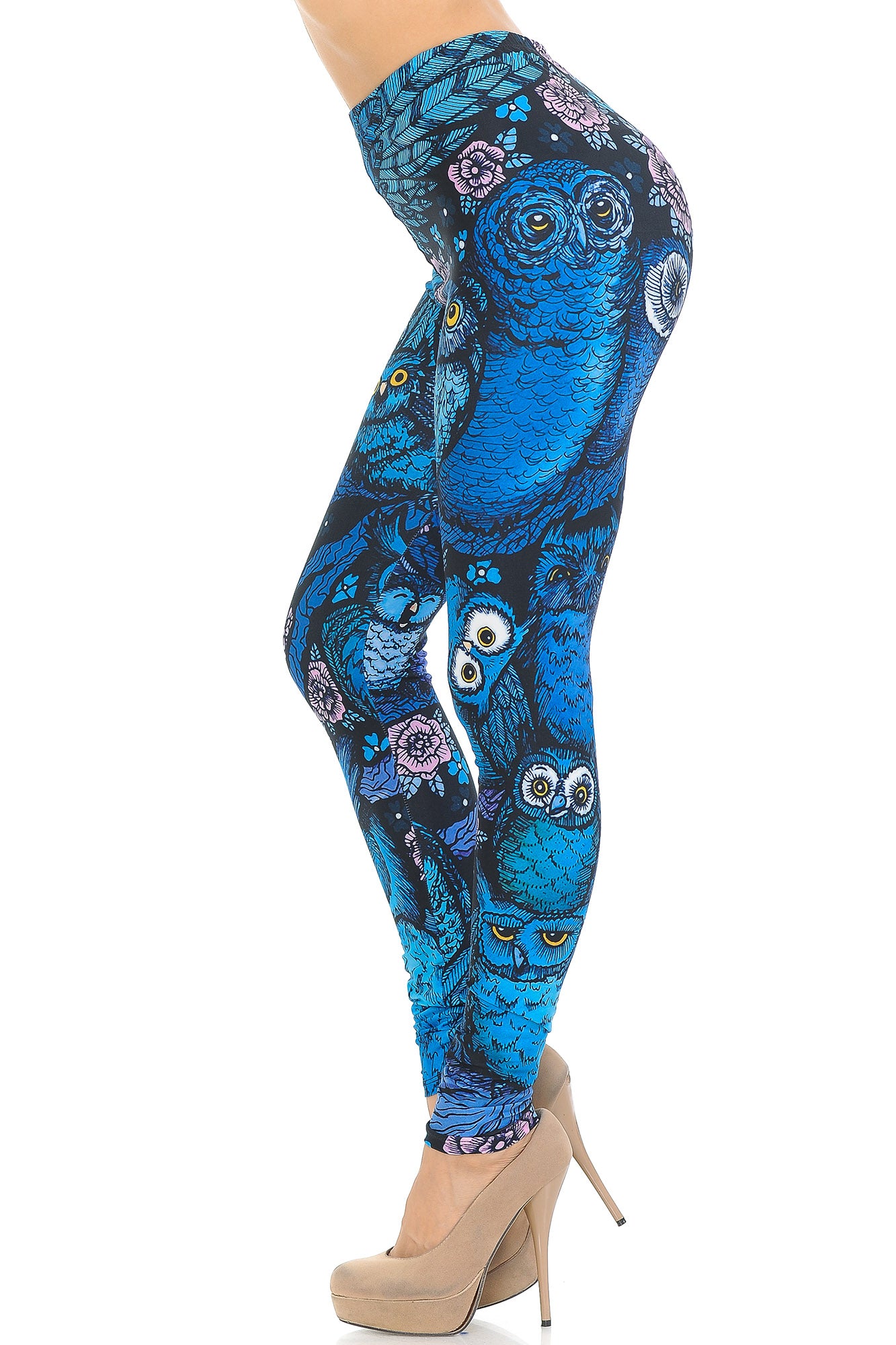 Creamy Soft Premium Women's Leggings Blue Owl Collage Regular Size, High Rise, Stretchy & Comfortable Fit - by USA Fashion