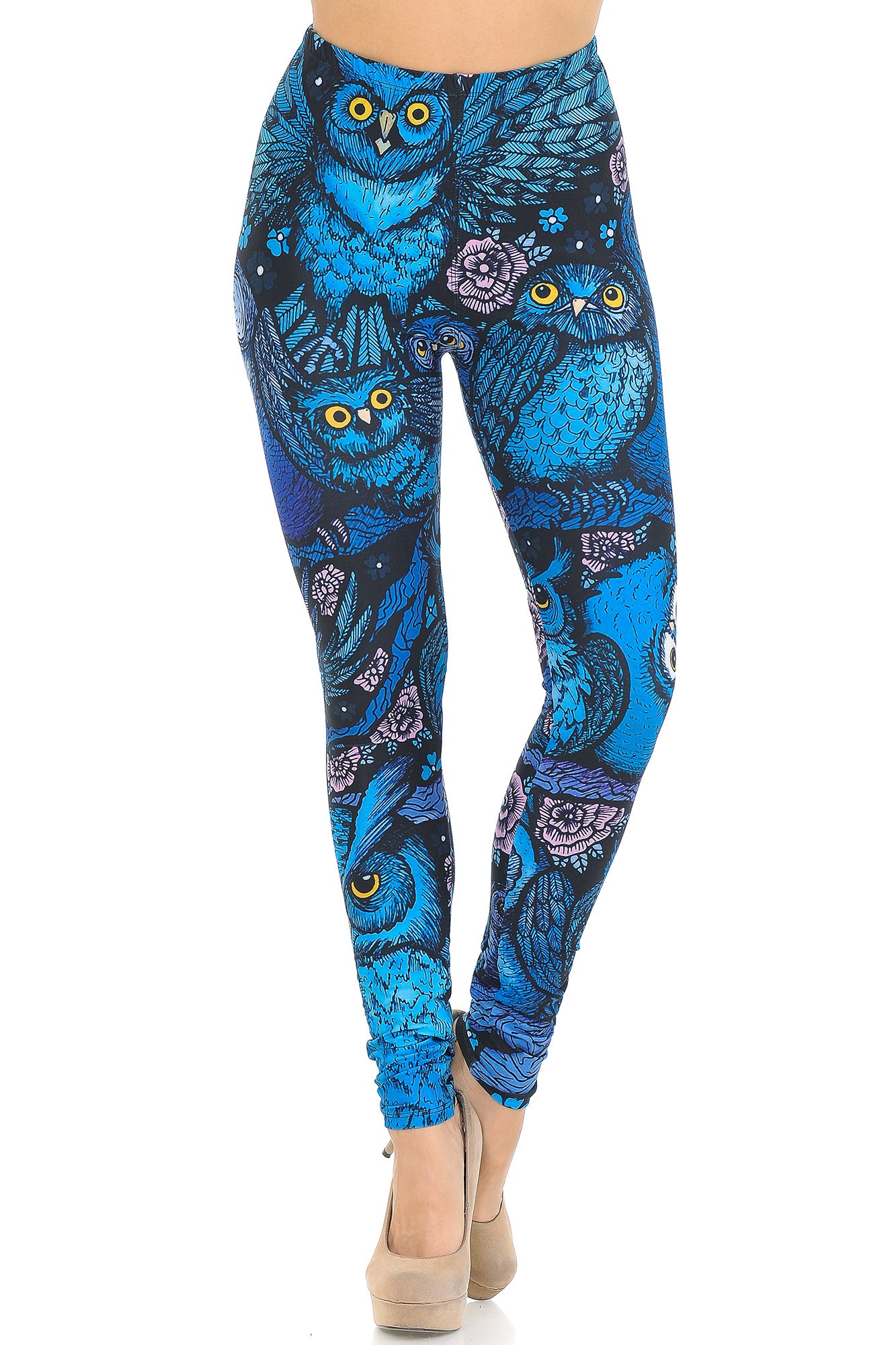 Creamy Soft Premium Women's Leggings Blue Owl Collage Regular Size, High Rise, Stretchy & Comfortable Fit - by USA Fashion