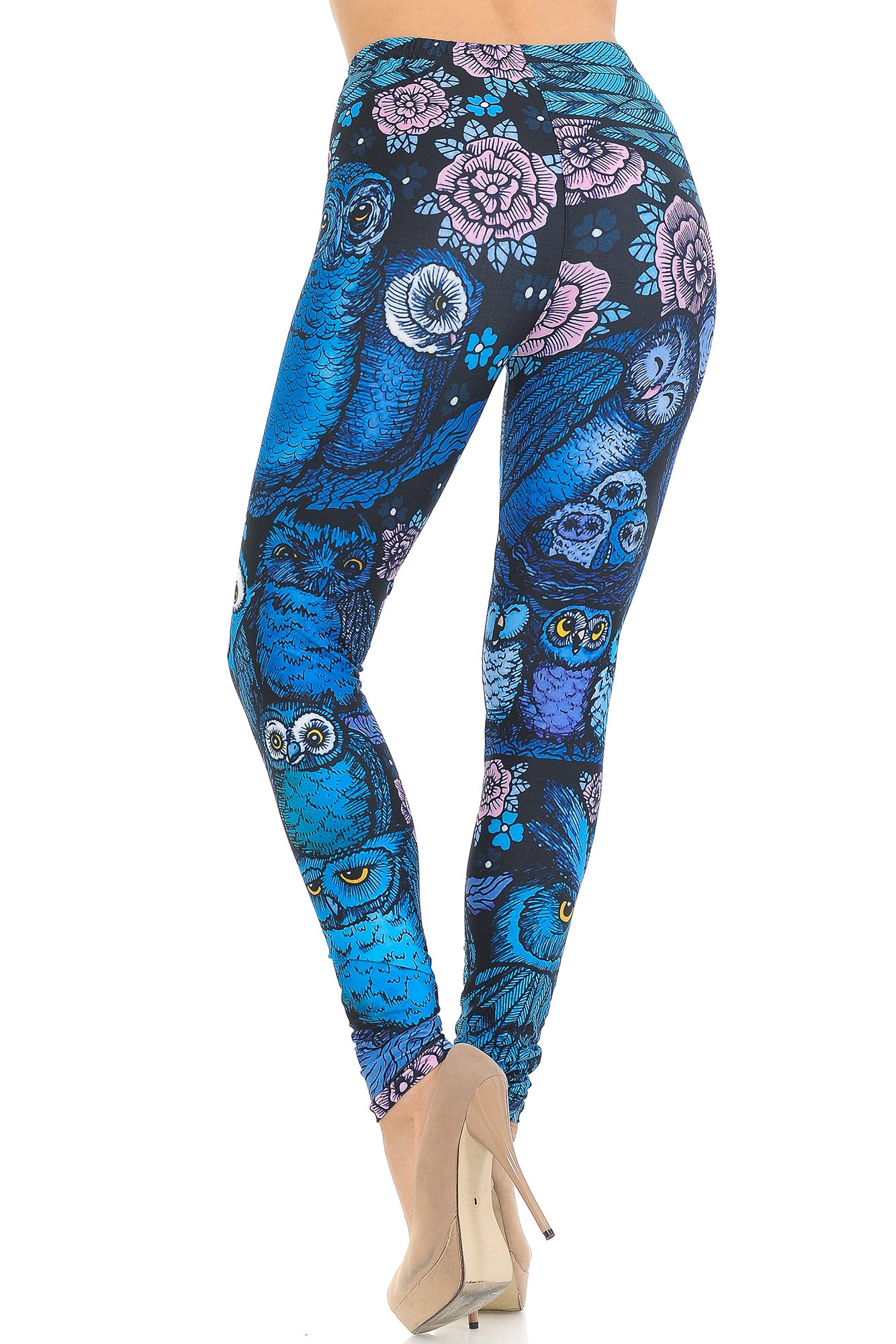 Creamy Soft Premium Women's Leggings Blue Owl Collage Regular Size, High Rise, Stretchy & Comfortable Fit - by USA Fashion