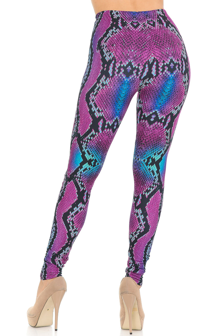 Creamy Soft Premium Women's Leggings Pink and Blue Snakeskin Regular Size, High Rise, Stretchy & Comfortable Fit - by USA Fashion