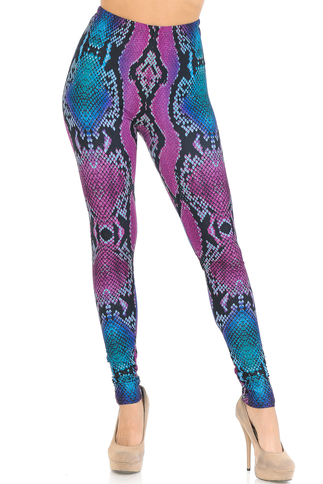 Creamy Soft Premium Women's Leggings Pink and Blue Snakeskin Regular Size, High Rise, Stretchy & Comfortable Fit - by USA Fashion
