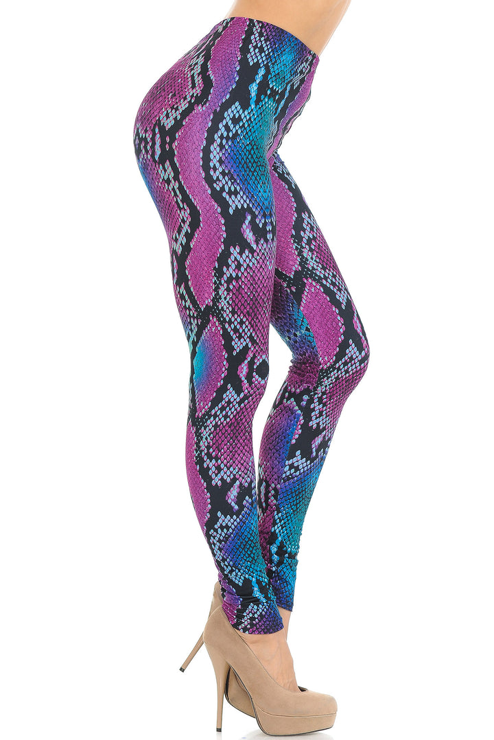 Creamy Soft Premium Women's Leggings Pink and Blue Snakeskin Regular Size, High Rise, Stretchy & Comfortable Fit - by USA Fashion