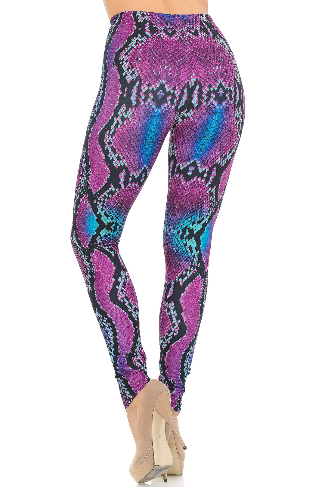 Creamy Soft Premium Women's Leggings Pink and Blue Snakeskin Regular Size, High Rise, Stretchy & Comfortable Fit - by USA Fashion