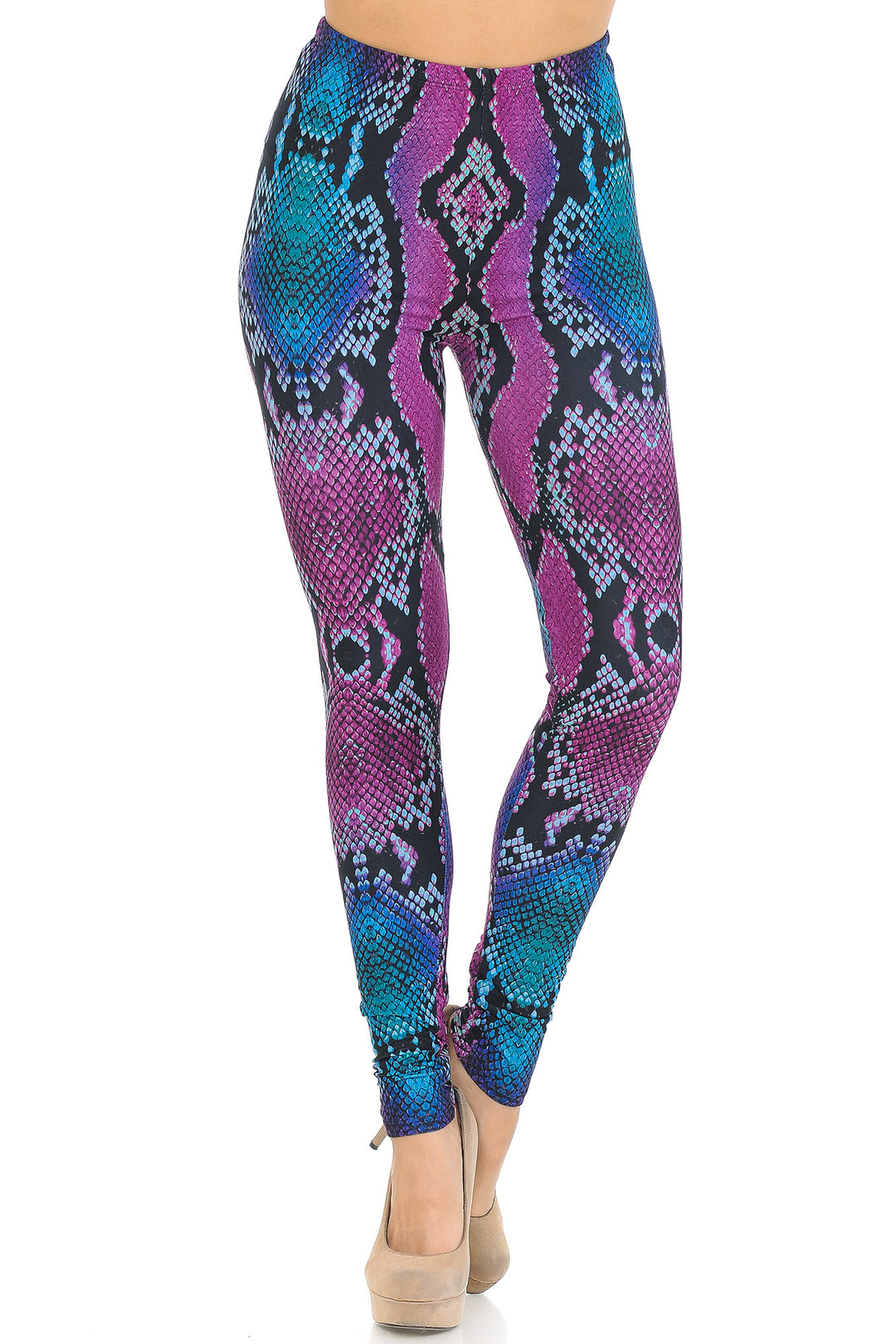 Creamy Soft Premium Women's Leggings Pink and Blue Snakeskin Regular Size, High Rise, Stretchy & Comfortable Fit - by USA Fashion