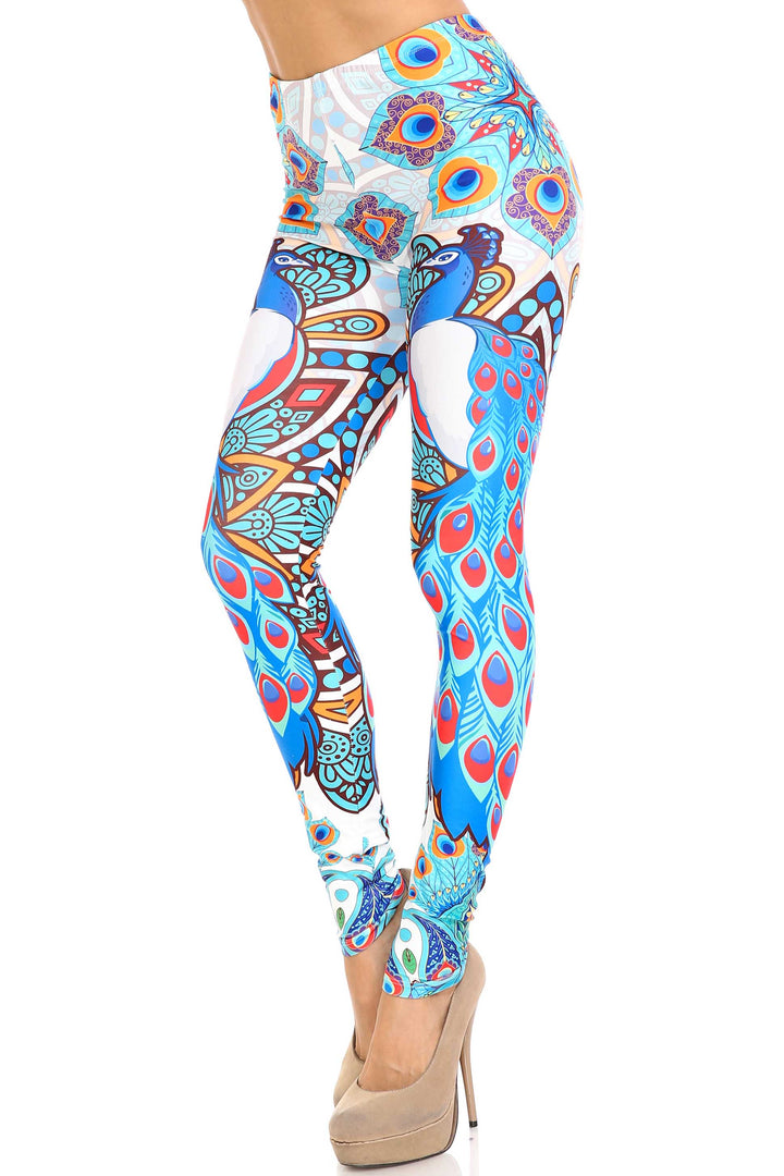 Creamy Soft Premium Women's Leggings Pristine Peacock Regular Size, High Rise, Stretchy & Comfortable Fit - by USA Fashion