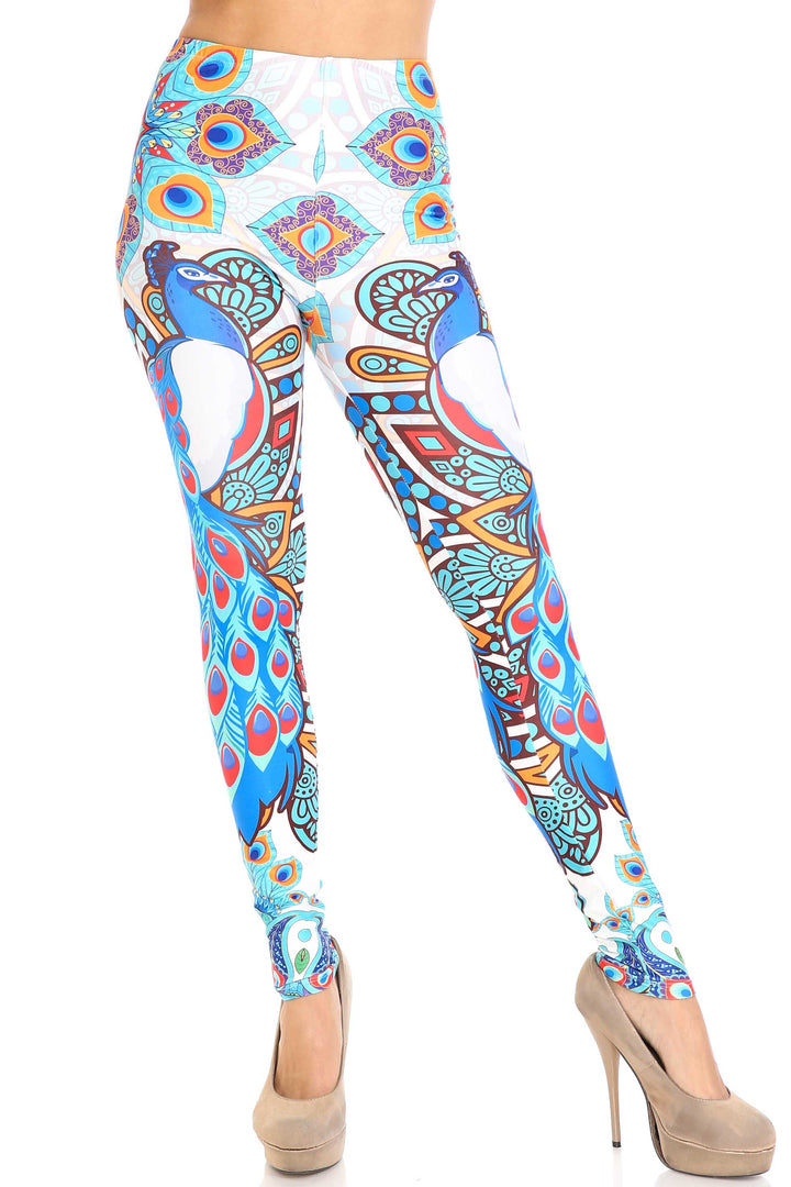 Creamy Soft Premium Women's Leggings Pristine Peacock Regular Size, High Rise, Stretchy & Comfortable Fit - by USA Fashion