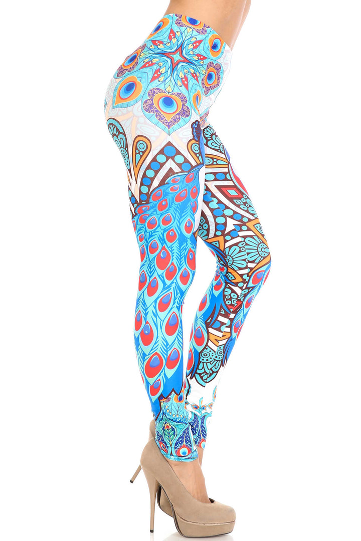 Creamy Soft Premium Women's Leggings Pristine Peacock Regular Size, High Rise, Stretchy & Comfortable Fit - by USA Fashion